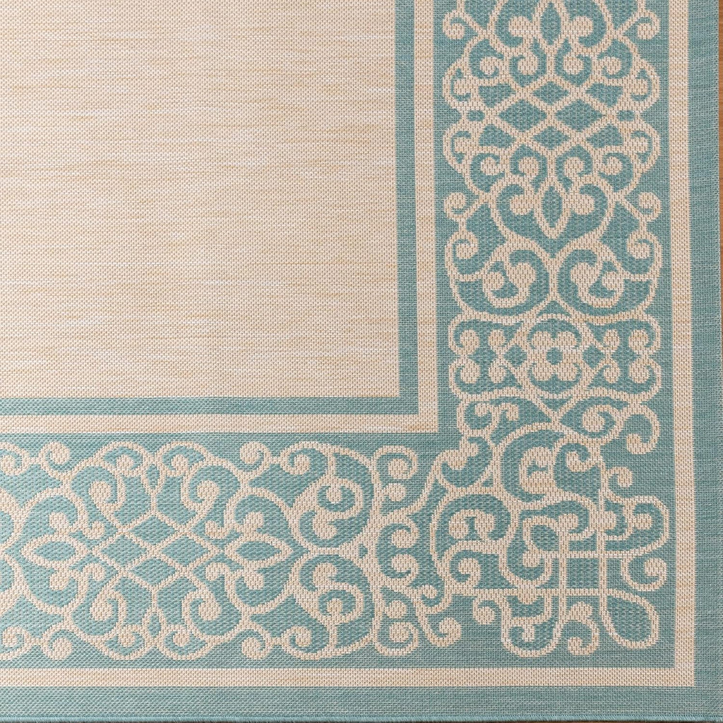 Gertmenian Indoor/Outdoor Flatweave Area Rug - 6x9 Medium, Stain & UV Resistant, Ideal For Deck, Patio, Poolside, Mudroom - Abstract Border, Aqua Blue Cyan, 22965