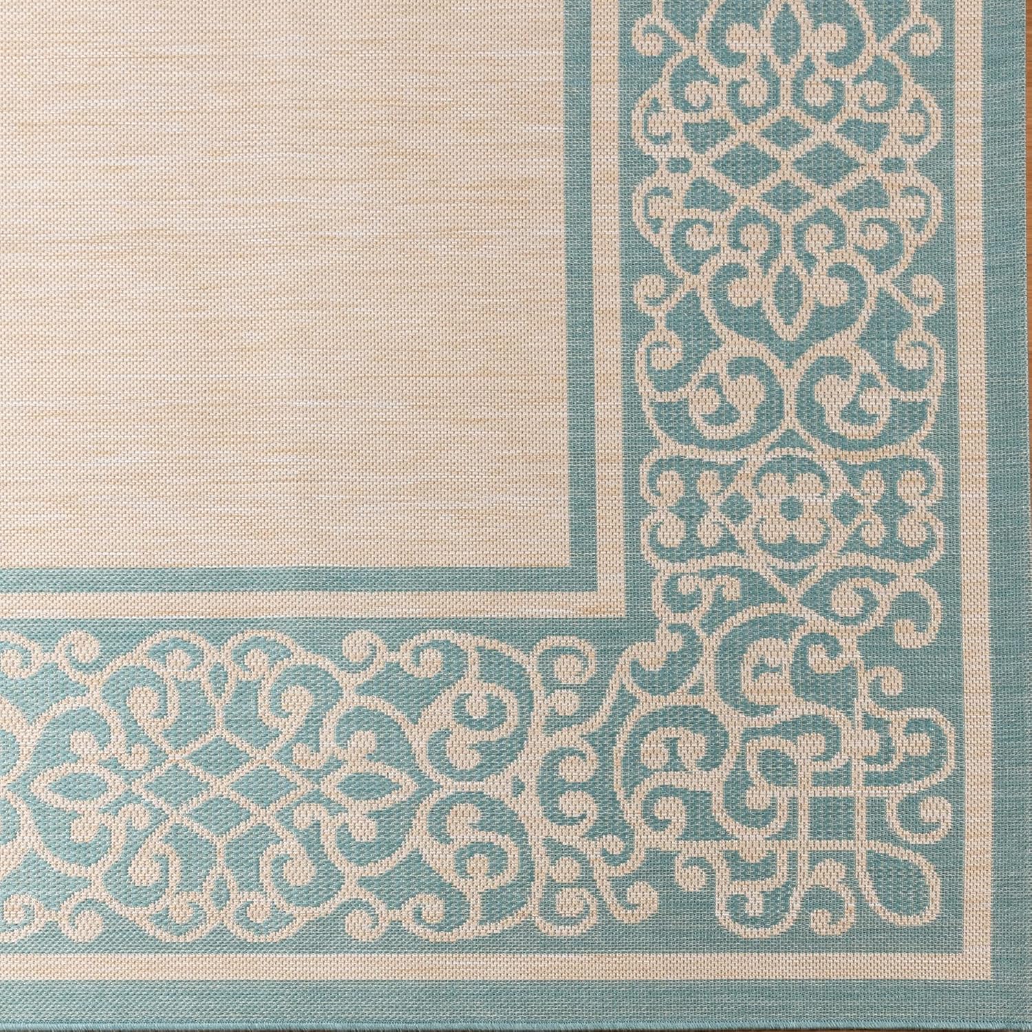 Gertmenian Indoor/Outdoor Flatweave Area Rug - 6x9 Medium, Stain & UV Resistant, Ideal For Deck, Patio, Poolside, Mudroom - Abstract Border, Aqua Blue Cyan, 22965