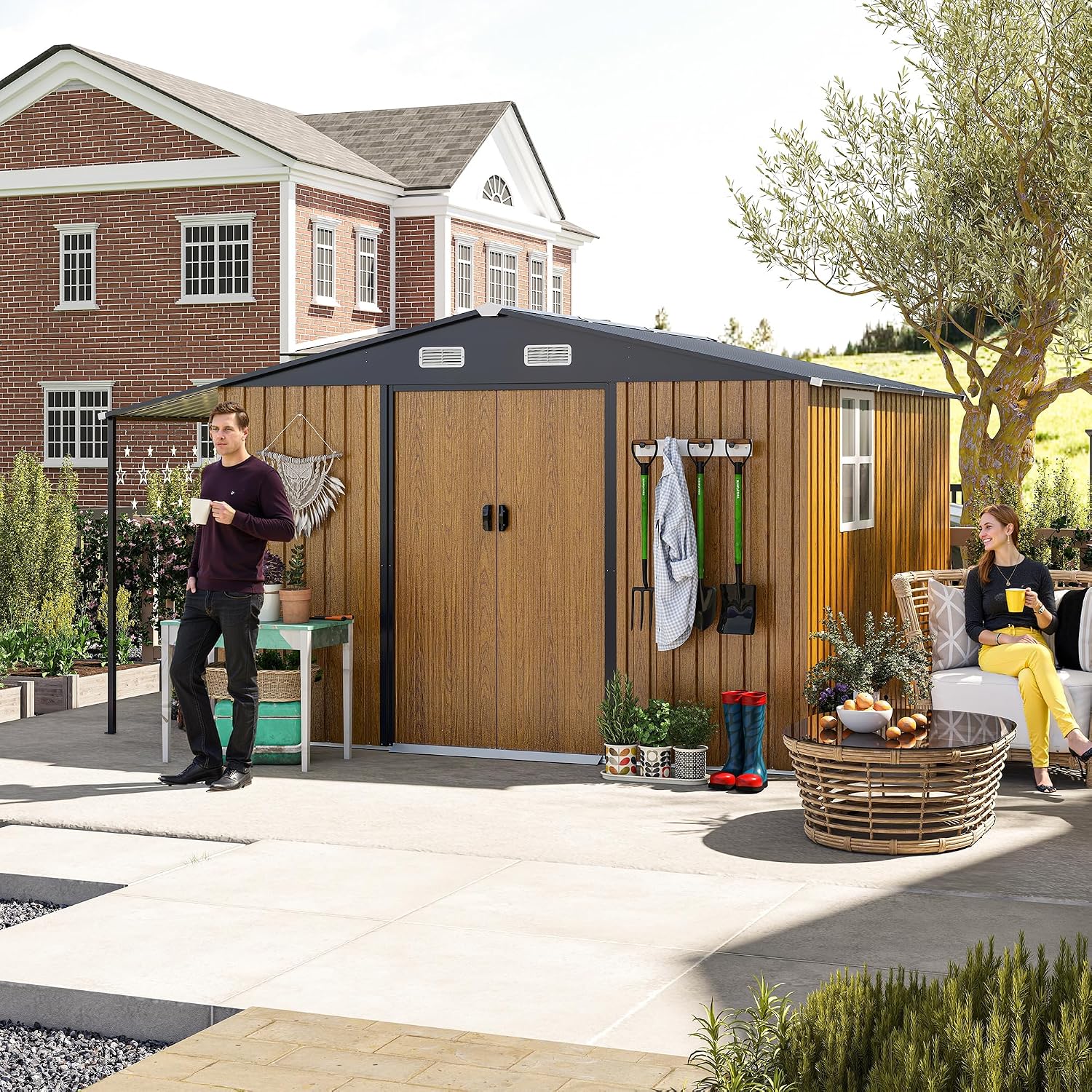 10x12 FT Outdoor Storage Shed with Sliding Lockable Doors & Windows, Extra Large Metal Shed with Dual-Zone Design, Galvanized Steel Utility Shed for Garden, Backyard, Tool Storage (Yellow, 10x12 FT)