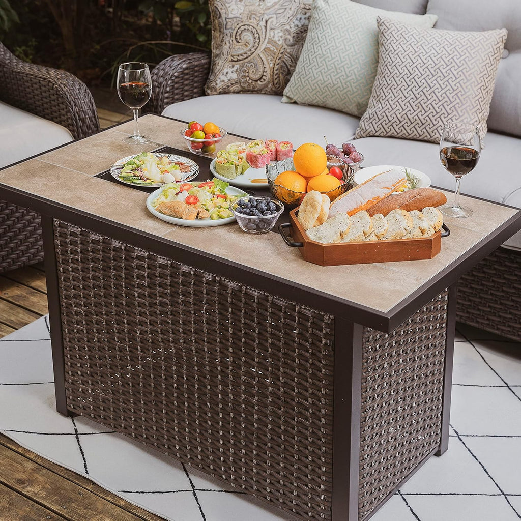 Nuu Garden 43' Propane Fire Pit Table, CSA Certified 50,000 BTU Outdoor Patio Propane Fire Pit Table with Fire Pit Wind Guard, Removable Lid, Ceramic Tabletop, Water-Proof Oxford Cover, Dark Brown