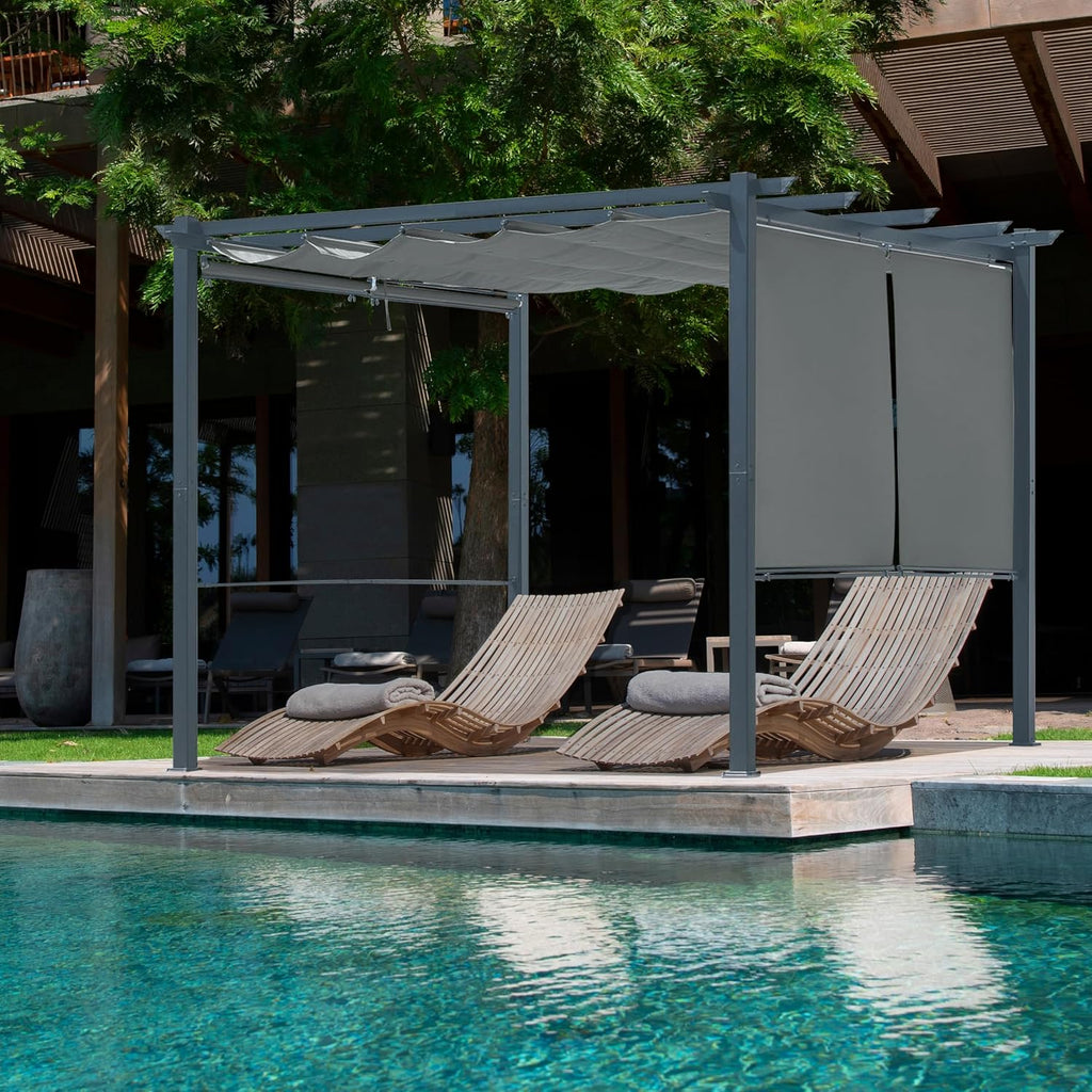 Aoodor 10 x 10 ft Outdoor Pergola with Retractable Shade Canopy, Matte Aluminum Frame, 4 Roller Shade Curtains, Grape Trellis for Patio, Backyard, Garden, and Deck, Grey