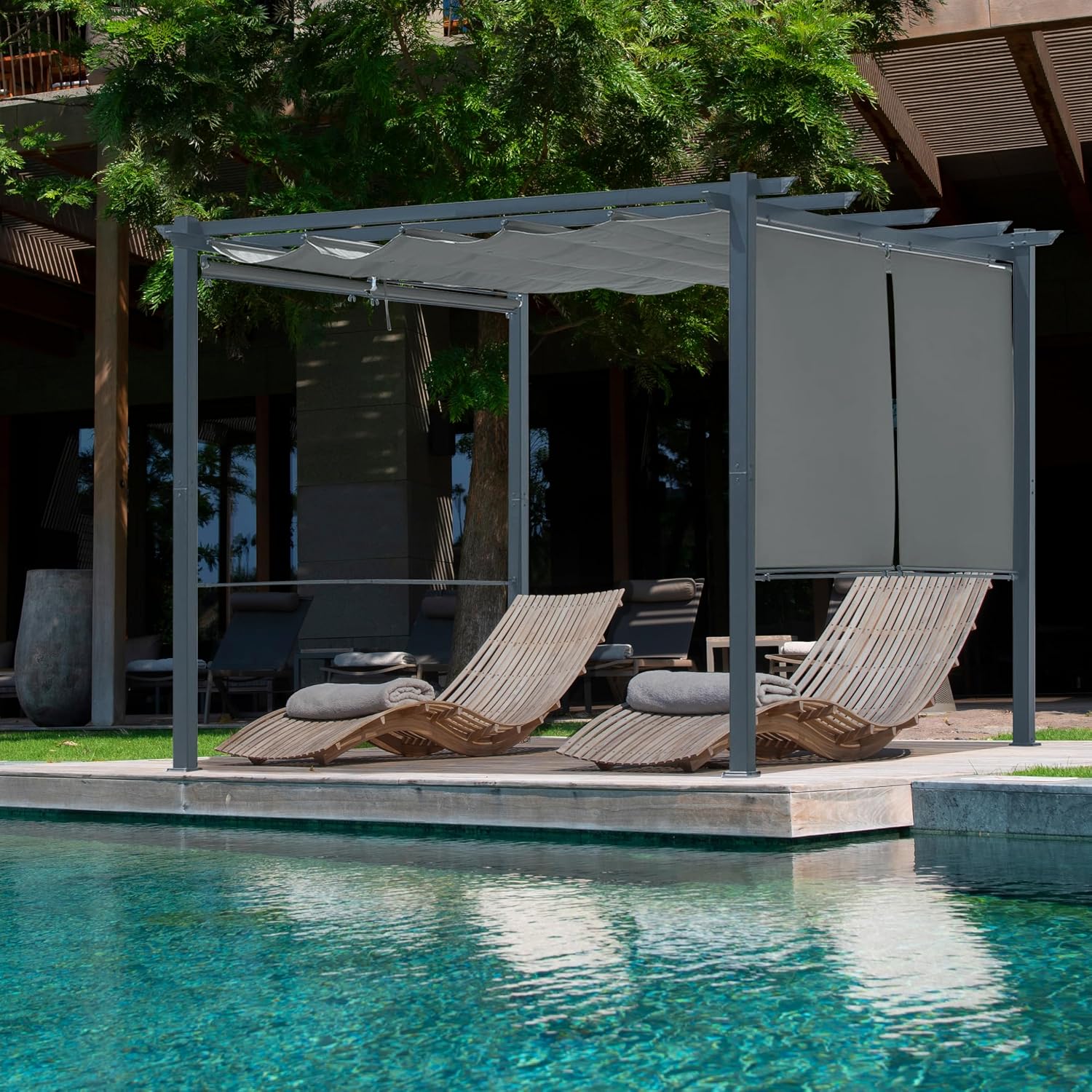 Aoodor 10 x 10 ft Outdoor Pergola with Retractable Shade Canopy, Matte Aluminum Frame, 4 Roller Shade Curtains, Grape Trellis for Patio, Backyard, Garden, and Deck, Grey