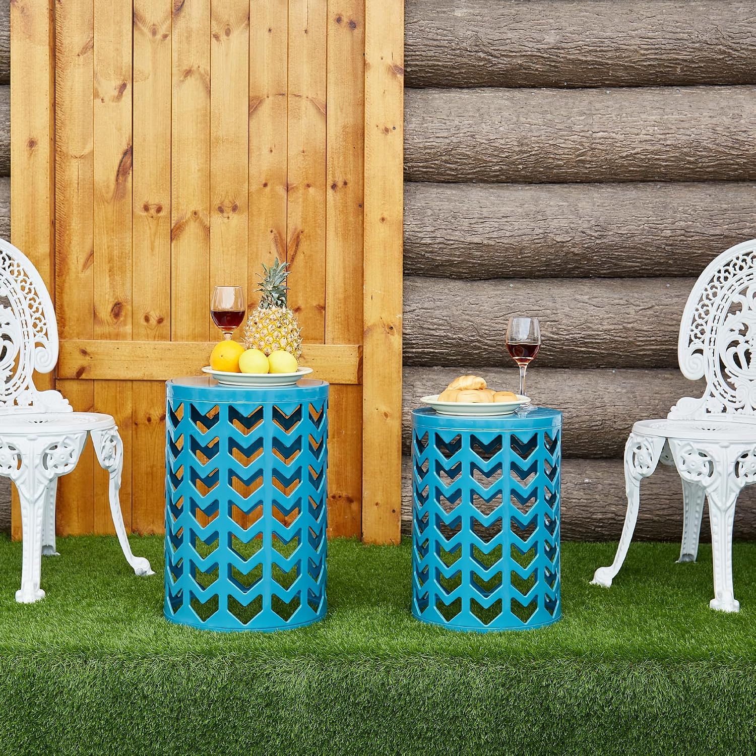 Y&M Set of 3 Nesting Metal Round Coffee Table, Side Table End Table for Indoor Outdoor Multifunctional Use,Heavy Duty Metal Plant Stand Decorative Garden Stool- Blue(Ship from US)