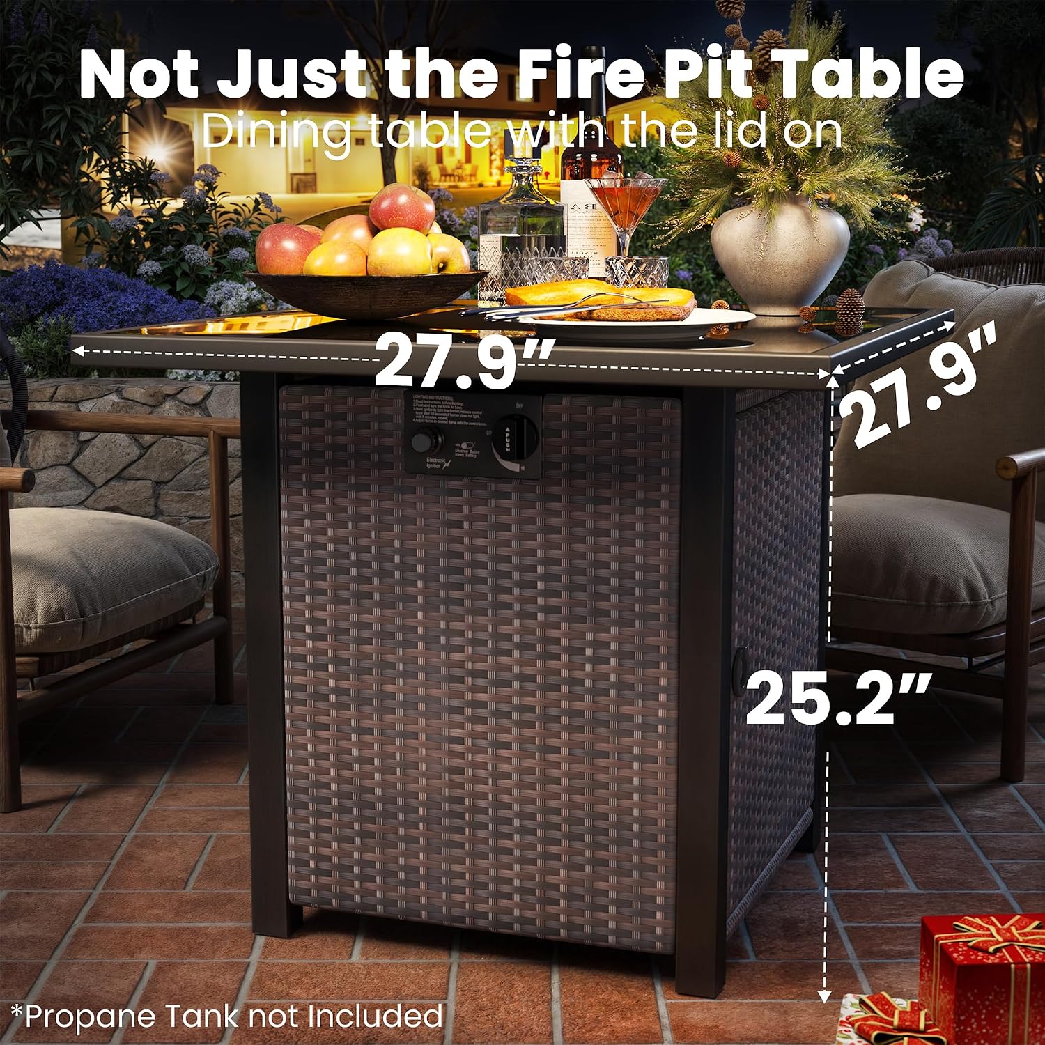 Propane Fire Pit Table, Outdoor Fire Pit Table, 27' Rattan Square Outdoor Gas Fire Pit with Glass Wind Guard, Tempered Glass Tabletop, Lid, CSA Listed, 50,000 BTU for Outside Patio Deck & Garden,Brown