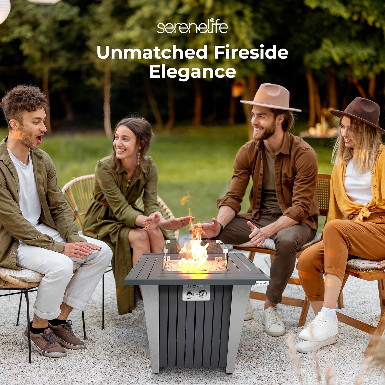 SereneLife Propane Fire Pit Table 50,000 BTU with Sturdy Metal Frame, Stainless Steel Fire Pan, Decorative Glass Rocks, Weather Cover, CSA Certified for Patio, Backyard, or Garden Use