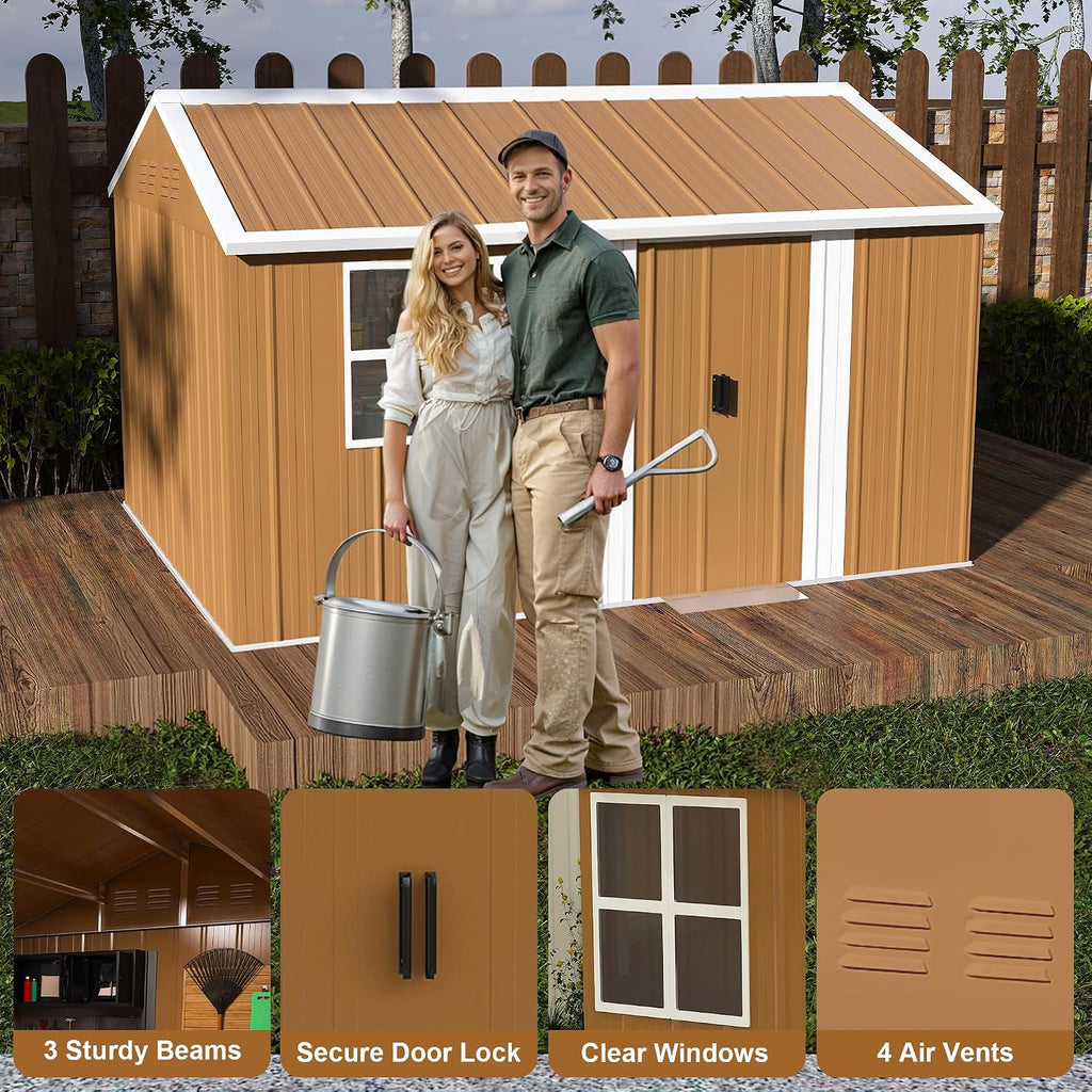 Outdoor Storage Shed, Heavy-Duty Metal Steel Shed with Windows, Lockable Door & Ventilation, Weatherproof Garden Shed for Backyard, Lawn, and Tool Storage (8x12 FT)