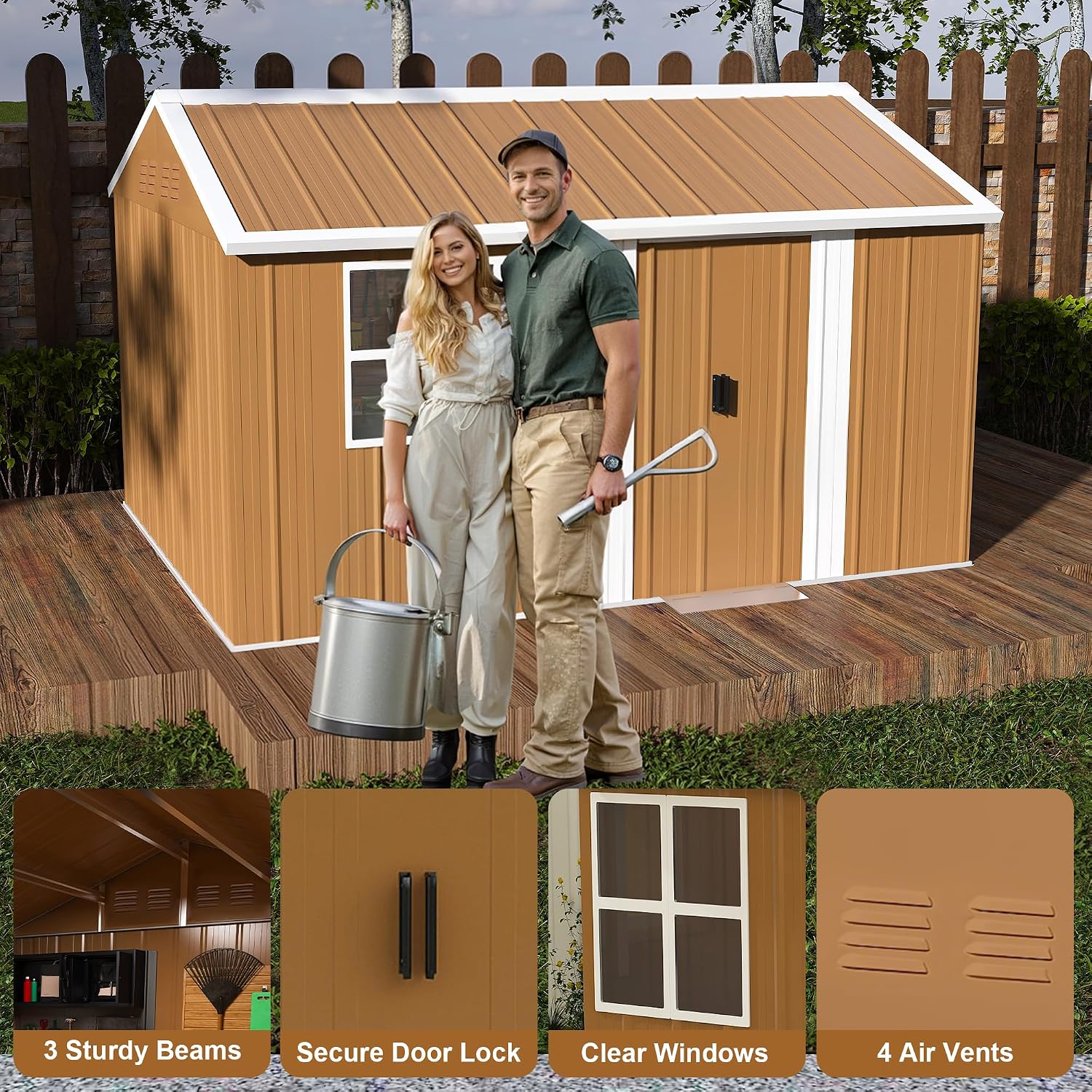 Outdoor Storage Shed, Heavy-Duty Metal Steel Shed with Windows, Lockable Door & Ventilation, Weatherproof Garden Shed for Backyard, Lawn, and Tool Storage (8x12 FT)