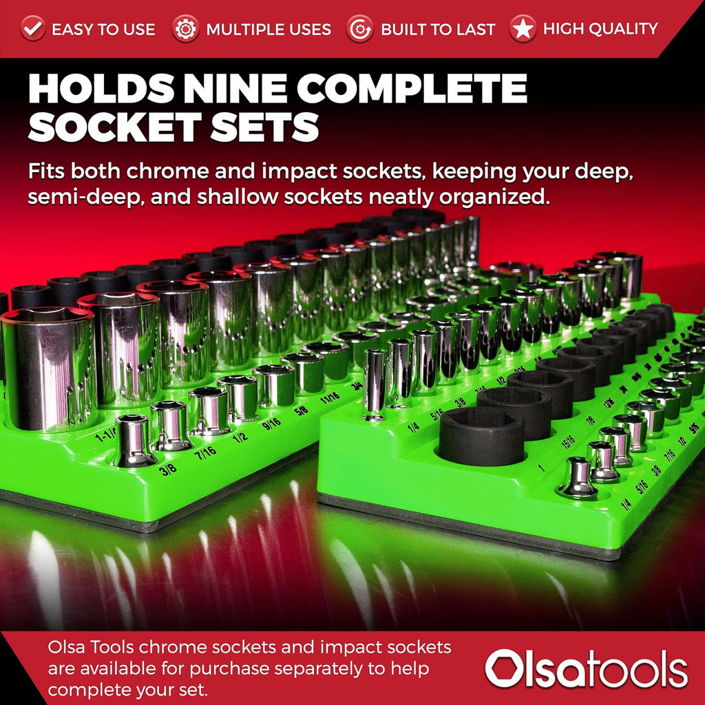Olsa Tools Magnetic Socket Organizer - 1/4', 3/8' & 1/2-Inch Drive SAE Socket Holder Set - Professional Tool Holder and Organizer - Stores up to 123 Sockets - Green - Part: 1561