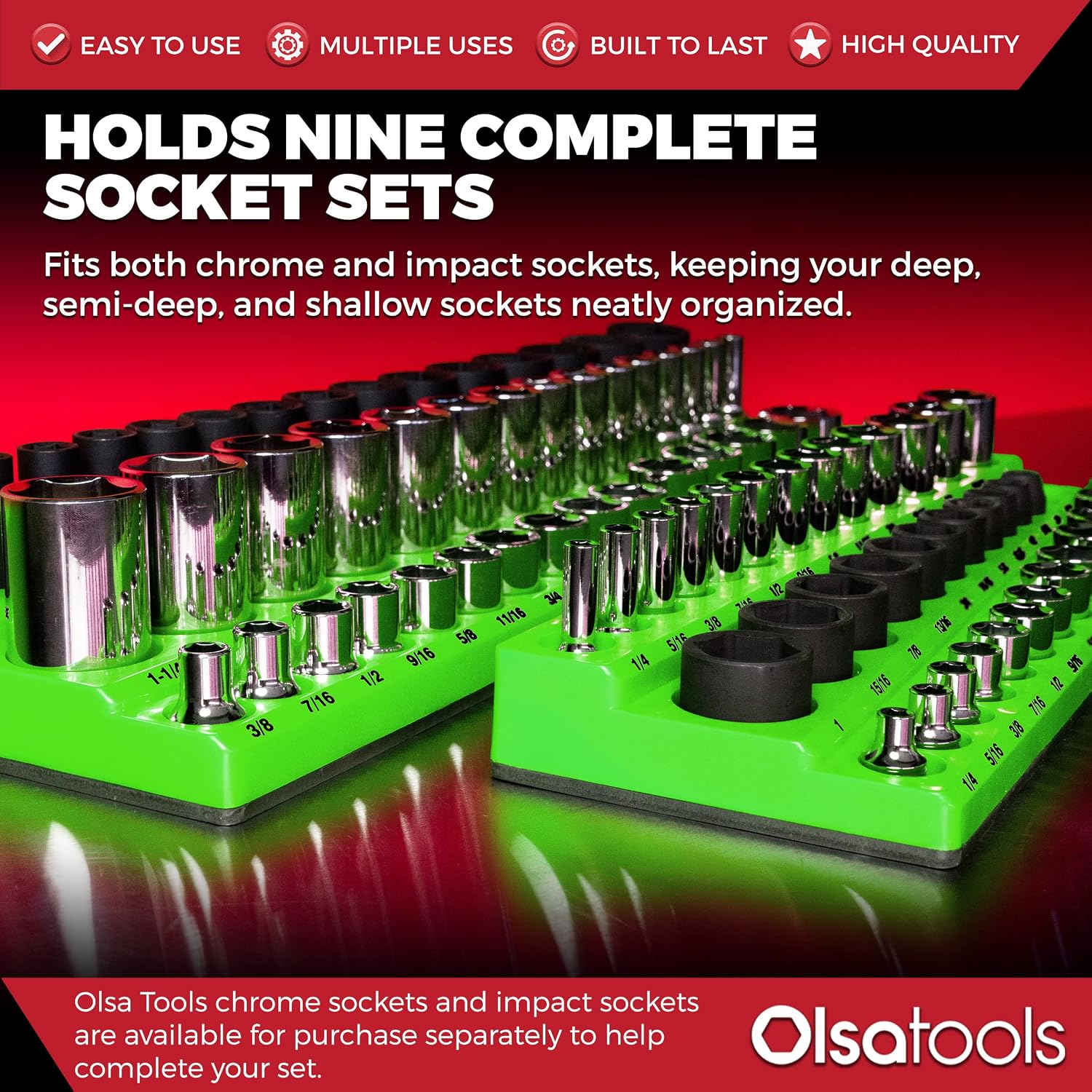 Olsa Tools Magnetic Socket Organizer - 1/4', 3/8' & 1/2-Inch Drive SAE Socket Holder Set - Professional Tool Holder and Organizer - Stores up to 123 Sockets - Green - Part: 1561