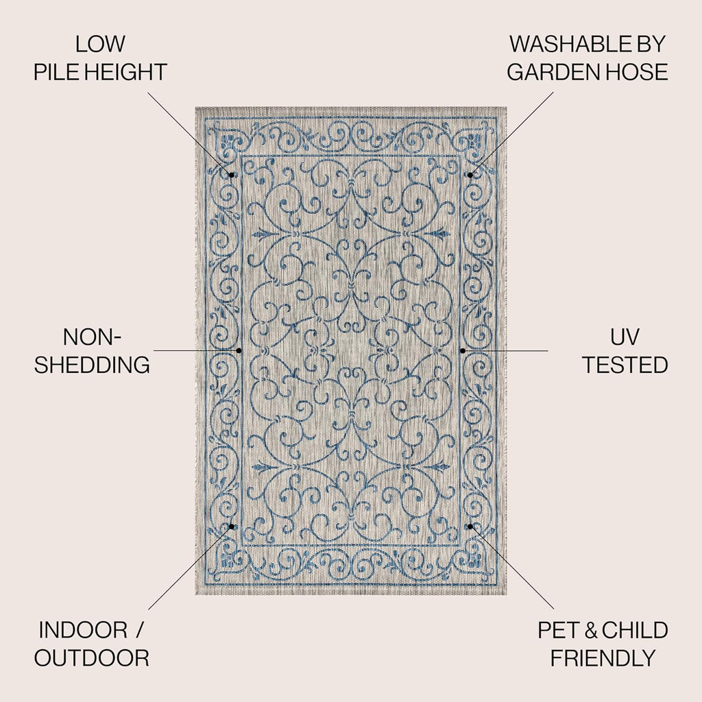 JONATHAN Y Vintage Filigree Indoor Outdoor Area Rug 8X10 Gray/Navy, Charleston Textured Weave for Backyard, Patio, Porch, Easy-Cleaning, High Traffic, Pet-Friendly, Non-Shedding (SMB106C-8)