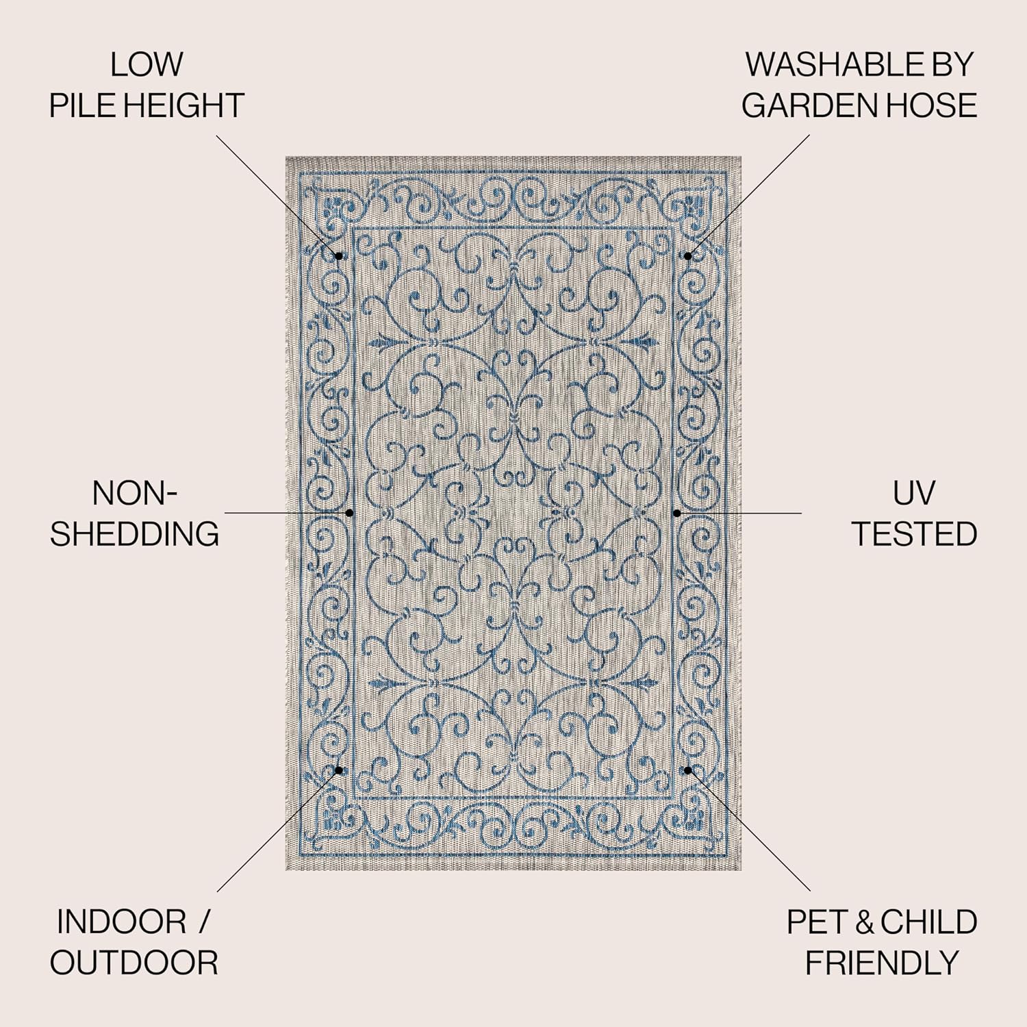 JONATHAN Y Vintage Filigree Indoor Outdoor Area Rug 8X10 Gray/Navy, Charleston Textured Weave for Backyard, Patio, Porch, Easy-Cleaning, High Traffic, Pet-Friendly, Non-Shedding (SMB106C-8)