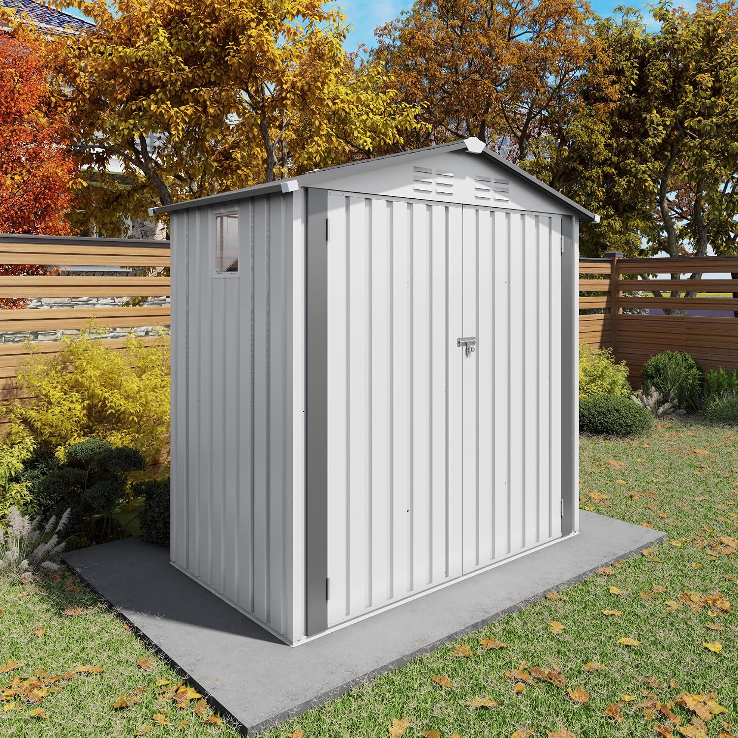 Organize and Secure with 6x3.6 FT Metal Shed, Waterproof Outdoor Storage with Lockable Door & Clear Window for Garden Tools, Patio Furniture, Bicycles, White