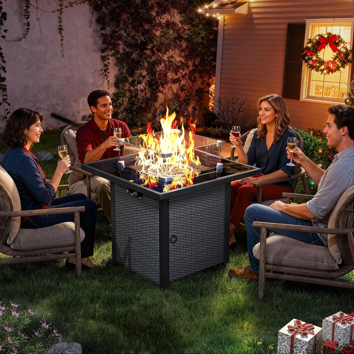 Propane Fire Pit Table, Outdoor Fire Pit Table, 27' Rattan Square Outdoor Gas Fire Pit with Glass Wind Guard, Tempered Glass Tabletop, Lid, CSA Listed, 50,000 BTU for Outside Patio Deck & Garden,Black