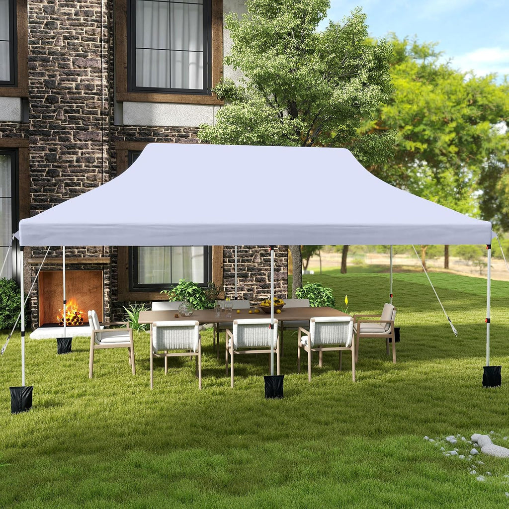 Tangkula 10x20 Ft Pop Up Canopy, Instant Setup Tent with 6 Sandbags, 12 Stakes & 6 Ropes, UPF 50+ Portable Outdoor Canopy Tent with Carrying Bag for Camp, Beach, Patio (White)