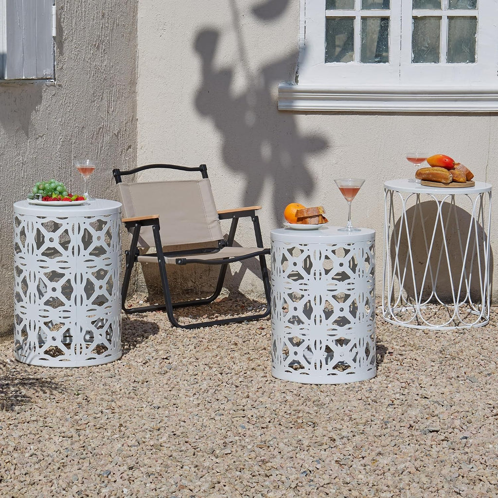 Y&M Set of 3 Stacking Coffee Table for Living Room, Round Metal Coffee Table, Indoor End Tables, Outdoor Garden Stool with Heavy Duty Metal Frame Modern Industrial Decor - Pure White (Ship from US)