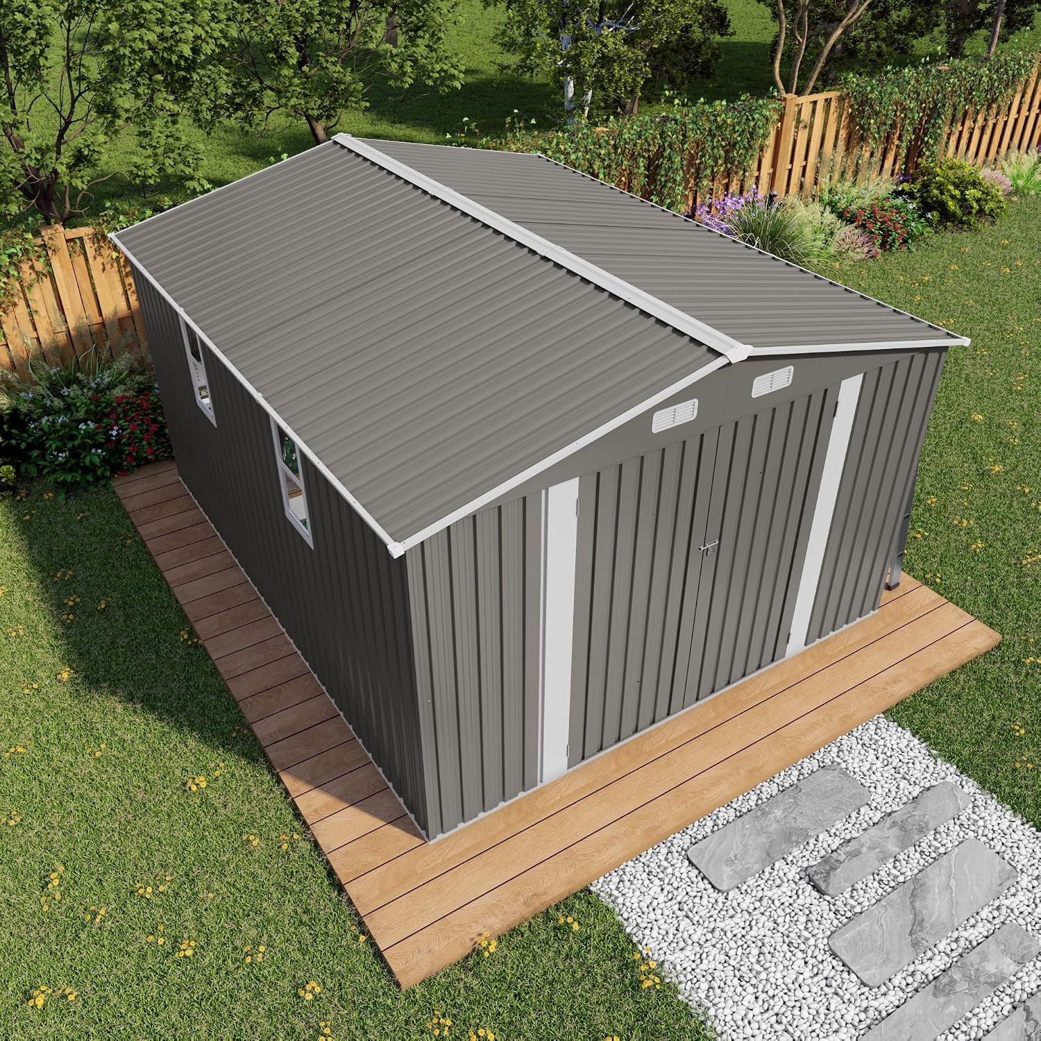 10x12 FT Outdoor Metal Storage Shed, Large Garden Backyard Tool Shed with Lockable Door, Windows and Vents, Multi-Purpose Outside Bike Storage Sheds for Patio, Lawn, Poolside, Generator, Gray