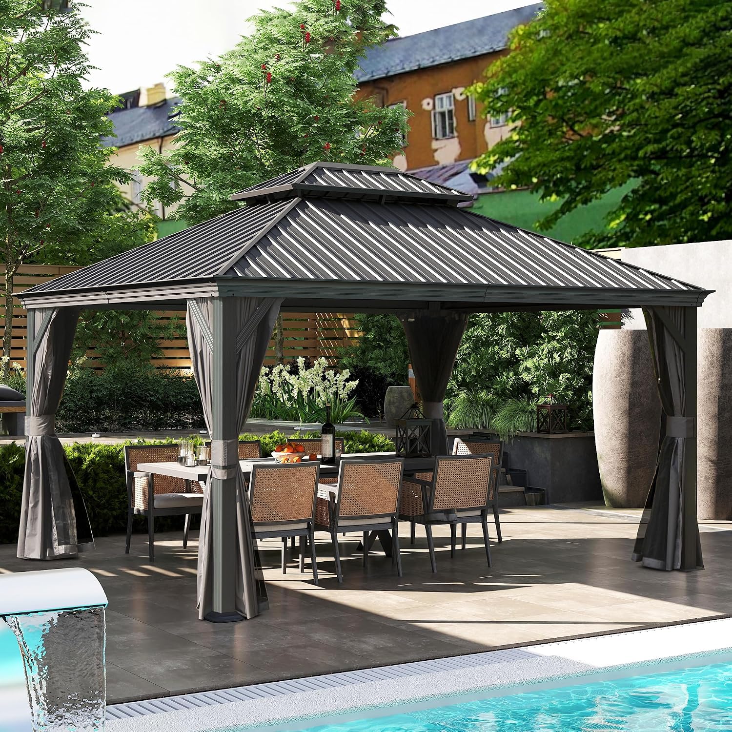 Domi 10x12FT Hardtop Gazebo, Outdoor Gazebo with Double Galvanized Steel Roof, Metal Pavilion Shelter for Patio, Lawn and Garden, Detachable Curtain and Netting Included, Gray