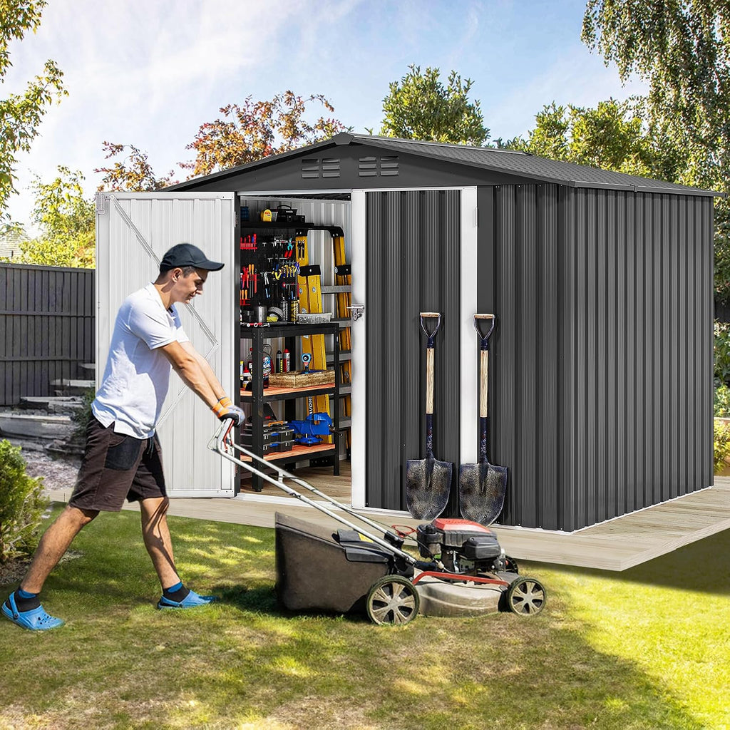 DWVO 8x6FT Outdoor Storage Shelter, Roomy Steel Tool Shed with Secure Entrances & Air Circulation for Patio, Lawn, and Backyard, Ideal for Storing Garden Gear, Lawn Tools, and Bikes, Dark Gray