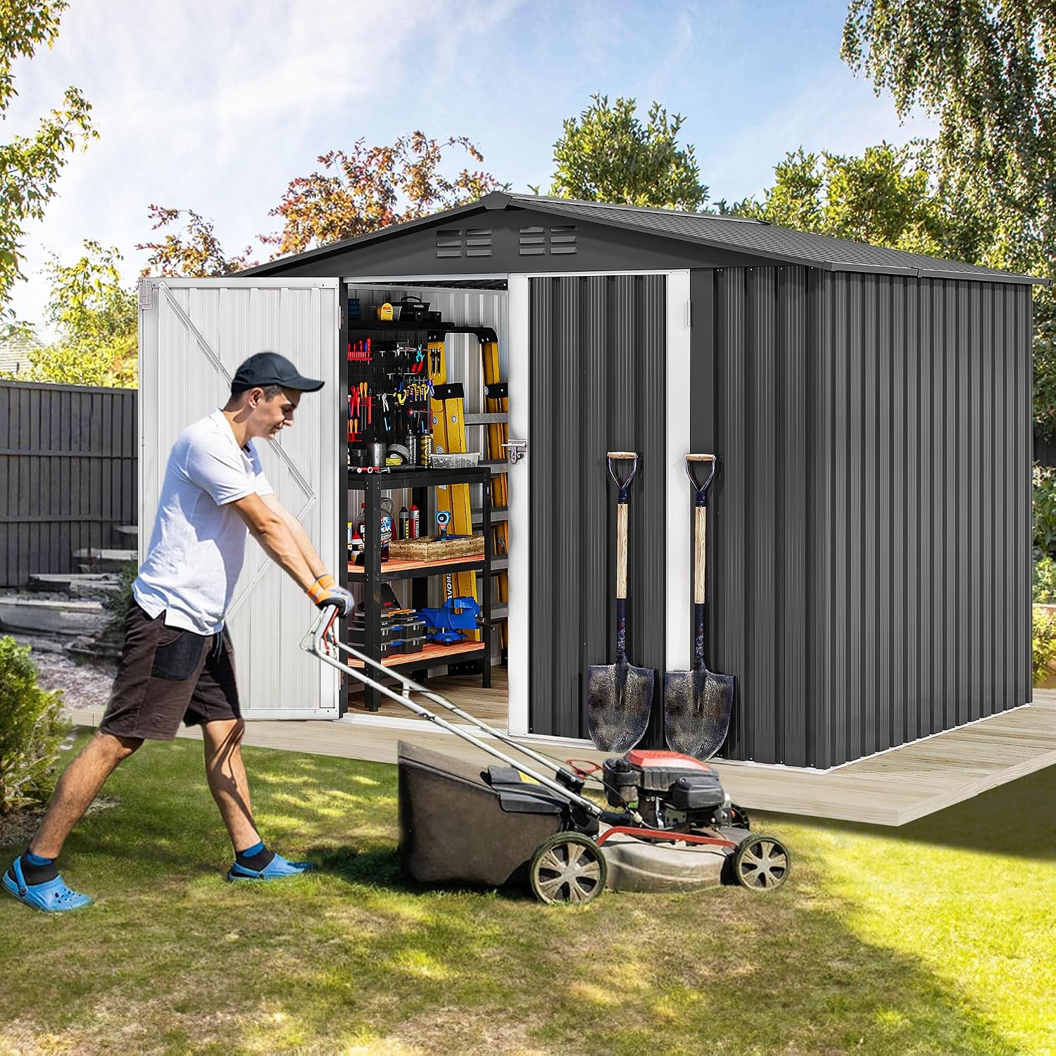 DWVO 8x6FT Outdoor Storage Shelter, Roomy Steel Tool Shed with Secure Entrances & Air Circulation for Patio, Lawn, and Backyard, Ideal for Storing Garden Gear, Lawn Tools, and Bikes, Dark Gray