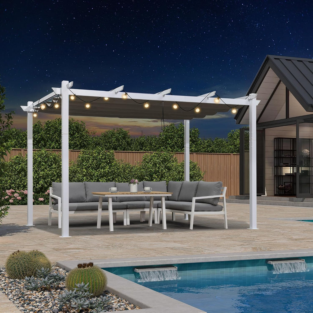 PURPLE LEAF 10' x 12' White Pergola Patio Aluminum Pergola with Retractable Canopy for Outdoor Backyard Poolside, Grey