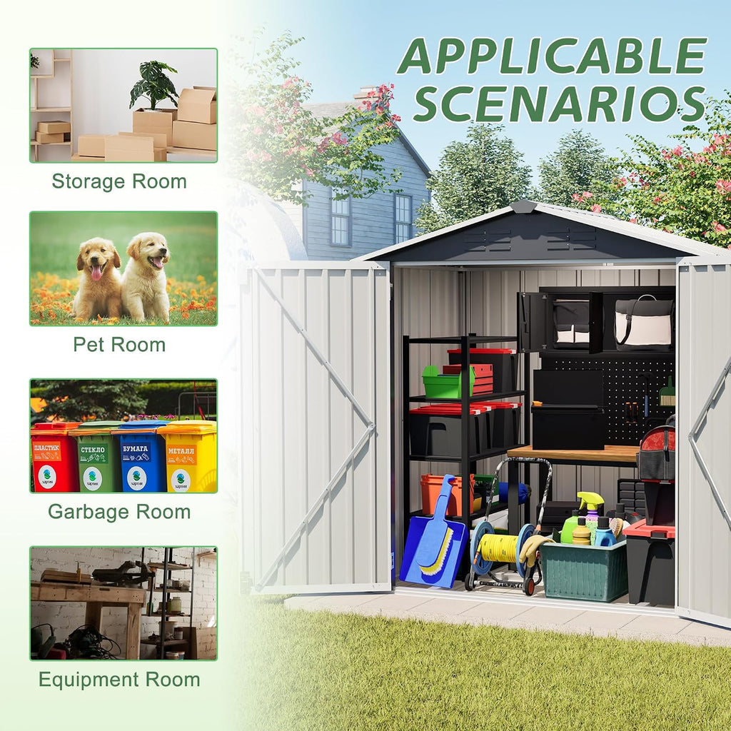 6x4 FT Shed Outdoor Storage Metal Large Garden Tool Sheds with Lockable Doors Slooping Roof Floor Frame Waterproof Steel Utility Equipment Shed for Backyard Patio Lawn Poolside, Grey