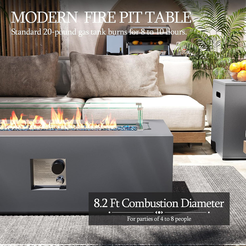UPHA 42-inch Outdoor Propane Gas Fire Pit Table 50000 BTU Iron Rectangle Firepit for Outside Patio with Tank Hidden Table, Wind Guard, Removable Lid, Blue Glass Rocks, Rain Cover, Grey