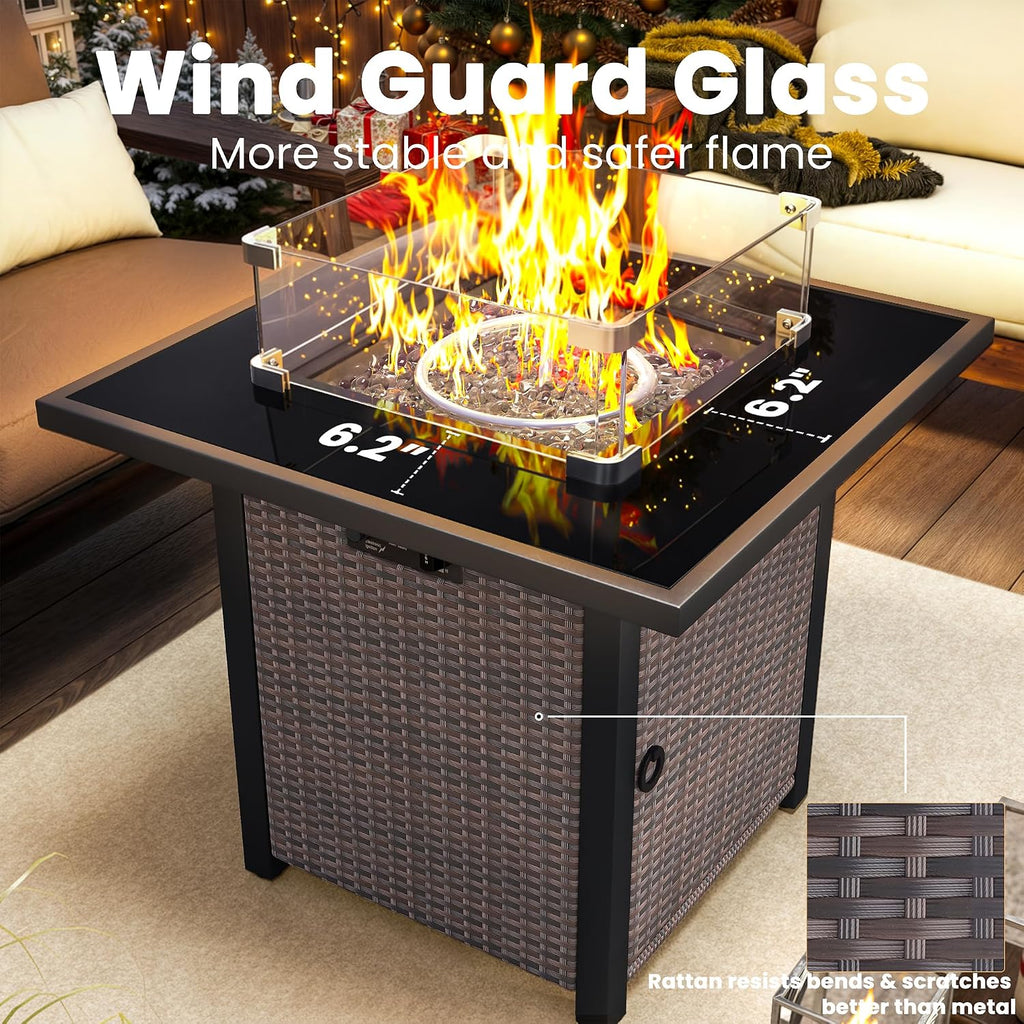 Propane Fire Pit Table, Outdoor Fire Pit Table, 27' Rattan Square Outdoor Gas Fire Pit with Glass Wind Guard, Tempered Glass Tabletop, Lid, CSA Listed, 50,000 BTU for Outside Patio Deck & Garden,Brown