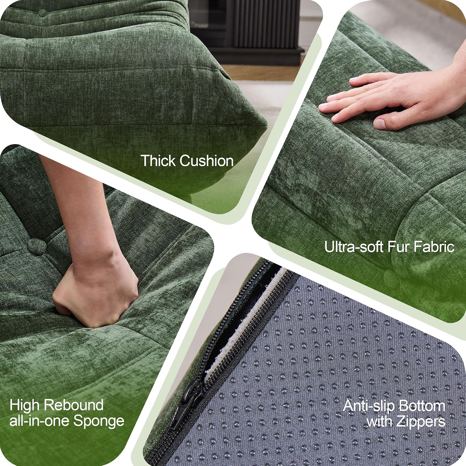 Bean Bag Chairs for Adults Giant Bean Bag Chair Memory Foam BeanBag Chair Bean Bag Sofa with Filler Faux Fur Fireside Beanbags Lazy Sofa for Living Room Bedroom Office (Green Chenille, Loveseat)