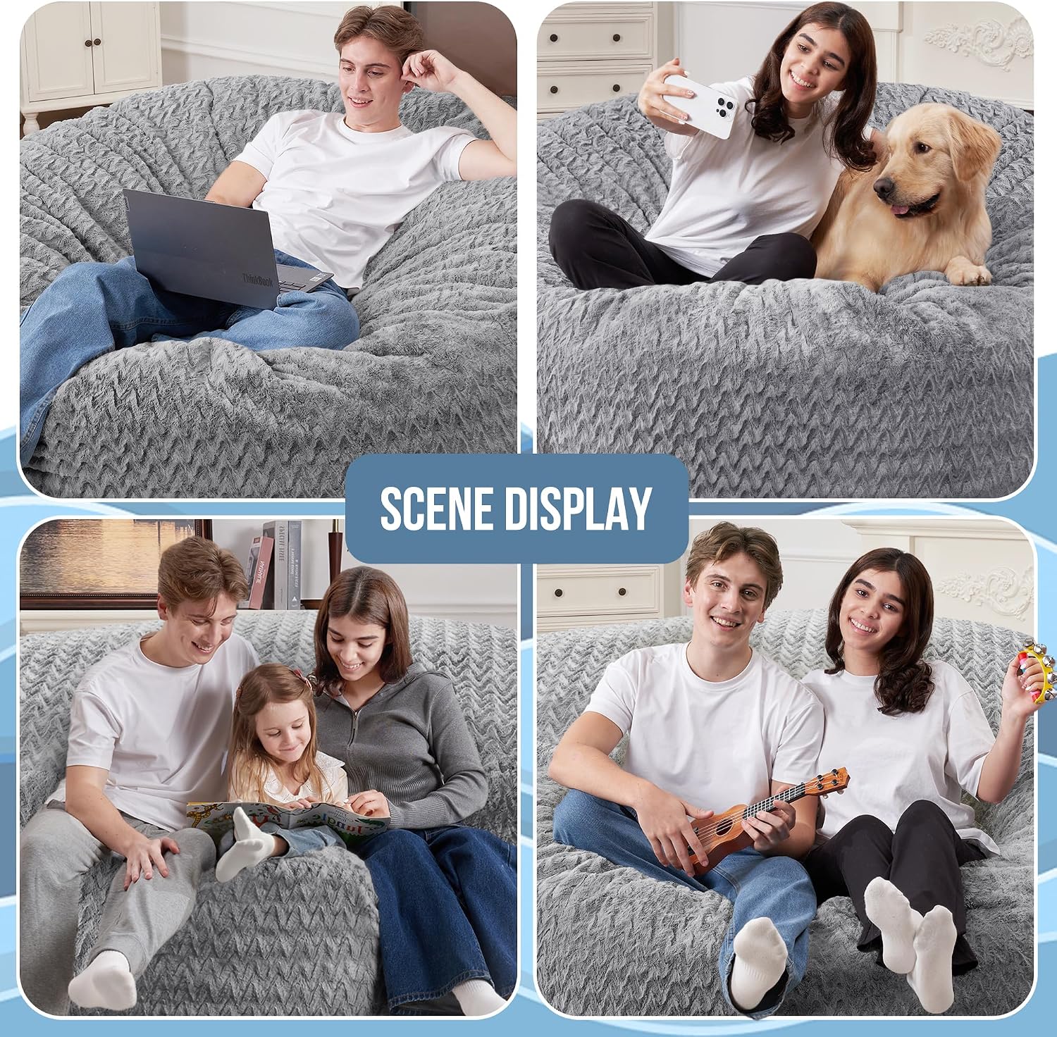 HABUTWAY 6FT Bean Bag Chair,Giant Bean Bag Chairs for Adults,Big Bean Bags with Memory Foam Filled, Large Beanbag Chairs with Chevron Plush Cover-Grey