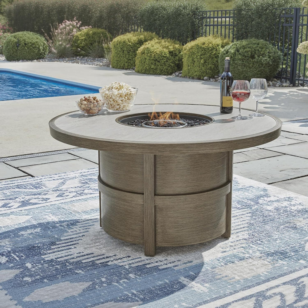 Signature Design by Ashley Rainier Ranch Contemporary Sintered Stone Tabletop Outdoor Fire Pit Table with Pedestal Base, Light Brown & Beige