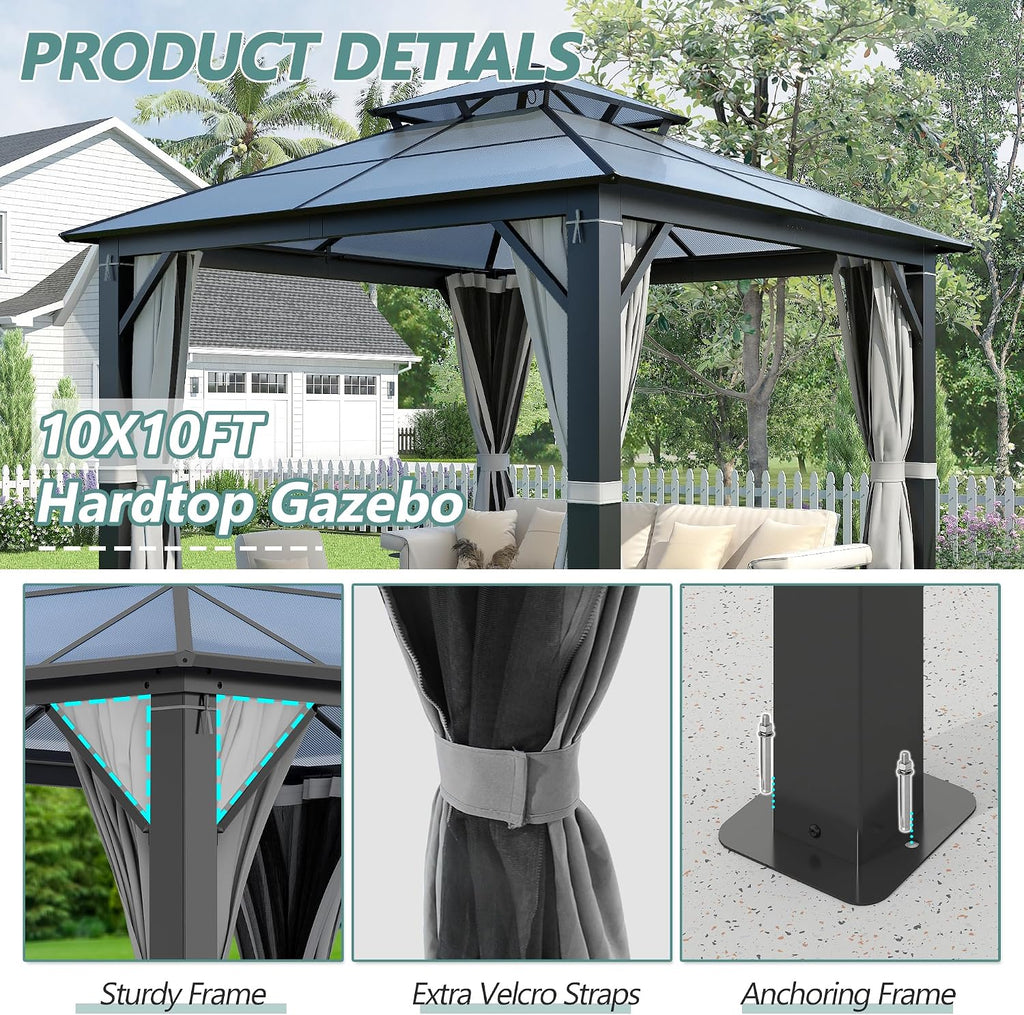 10'x10' Hardtop Gazebo, Outdoor Polycarbonate Double Roof Gazebos with Netting and Curtains, Heavy Duty Metal Pavilion for Patio, Backyard, Deck and Lawn