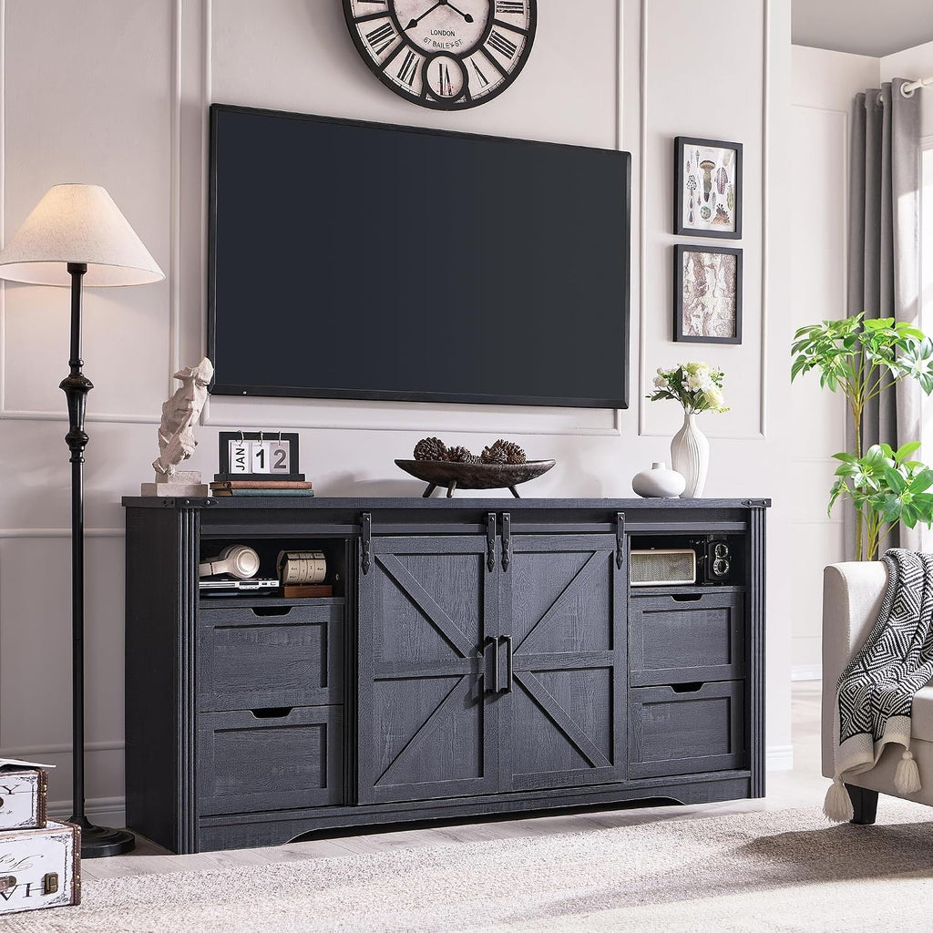 JXQTLINGMU Farmhouse TV Stand for 75+ Inch TV, 32' Tall Entertainment Center w/4 Drawers & Sliding Barn Door, Rustic Media Console w/Storage Shelves, 66' Wood Television Stand for Living Room, Black