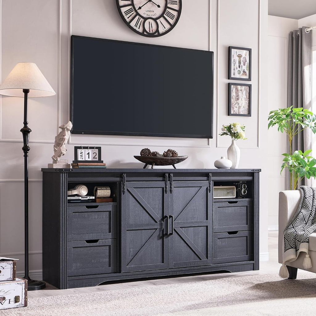 JXQTLINGMU Farmhouse Fireplace TV Stand for 80 Inch TV, 32' Tall Entertainment Center w/Drawer & Sliding Barn Door, 70 Inch Highboy Media Console for Living Room, Black