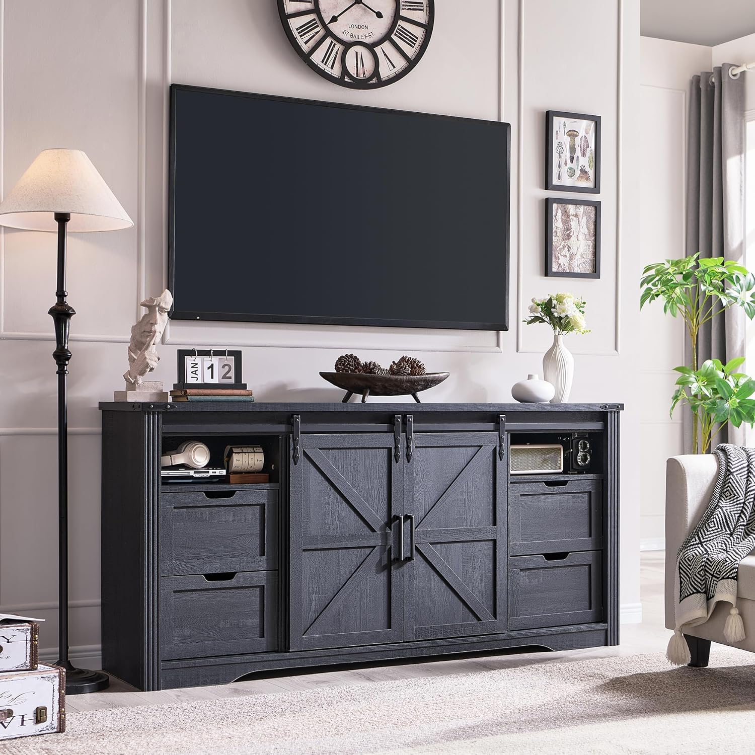 JXQTLINGMU Farmhouse Fireplace TV Stand for 80 Inch TV, 32' Tall Entertainment Center w/Drawer & Sliding Barn Door, 70 Inch Highboy Media Console for Living Room, Black