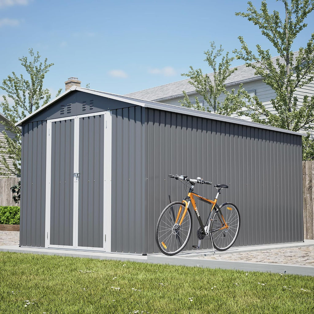 8x12 FT Shed Outdoor Storage Metal Large Garden Tool Sheds with Lockable Doors Floor Frame Gable Roof Waterproof Steel Utility Equipment Sheds for Backyard Patio Lawn Poolside, Grey