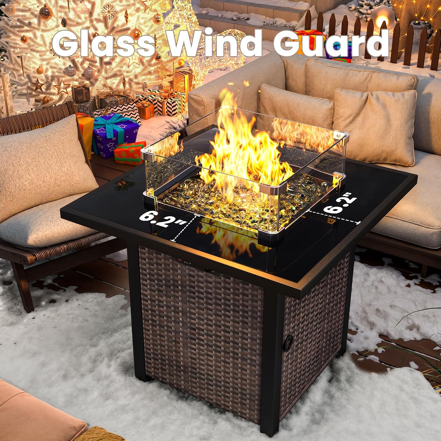 Propane Fire Pit Table, Outdoor Fire Pit Table, 28' Rattan Square Outdoor Gas FirePit with Glass Wind Guard, Tempered Glass Tabletop, Lid, CSA Listed, 50,000 BTU, Outside Patio Deck & Garden, Brown