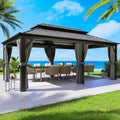Hardtop 12 X 20FT, Galvanized Steel Dual-Layer Top, Aluminum Metal Gazebo with Netting and Curtains, Permanent Gazebo Pavilion for Party