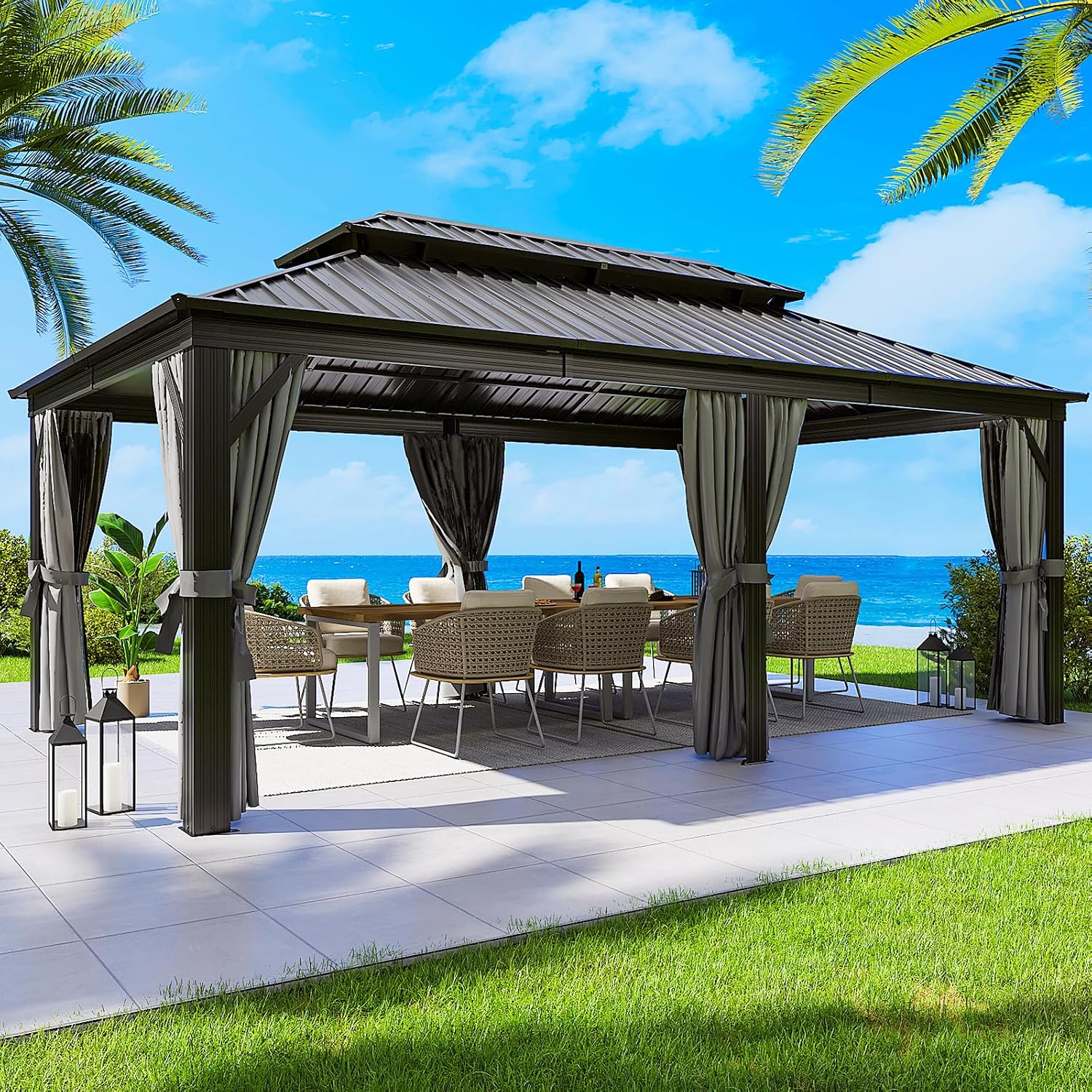 Hardtop 12 X 20FT, Galvanized Steel Dual-Layer Top, Aluminum Metal Gazebo with Netting and Curtains, Permanent Gazebo Pavilion for Party