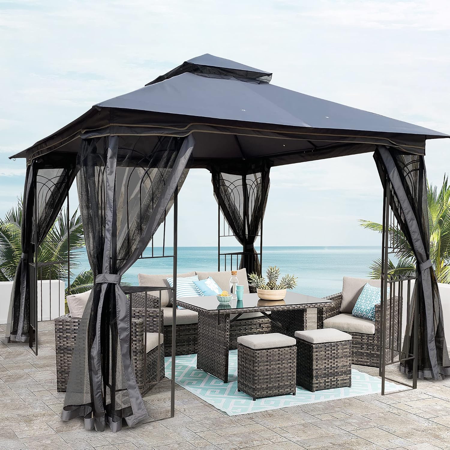 10x10 Outdoor Patio Gazebo, Heavy Duty Soft Top Gazebo with Shelves and Netting, Waterproof Canopy Gazebo with Galvanized Steel Frame and Double Roof, Metal Gazebo for Deck, Backyard, Porch (Gray)