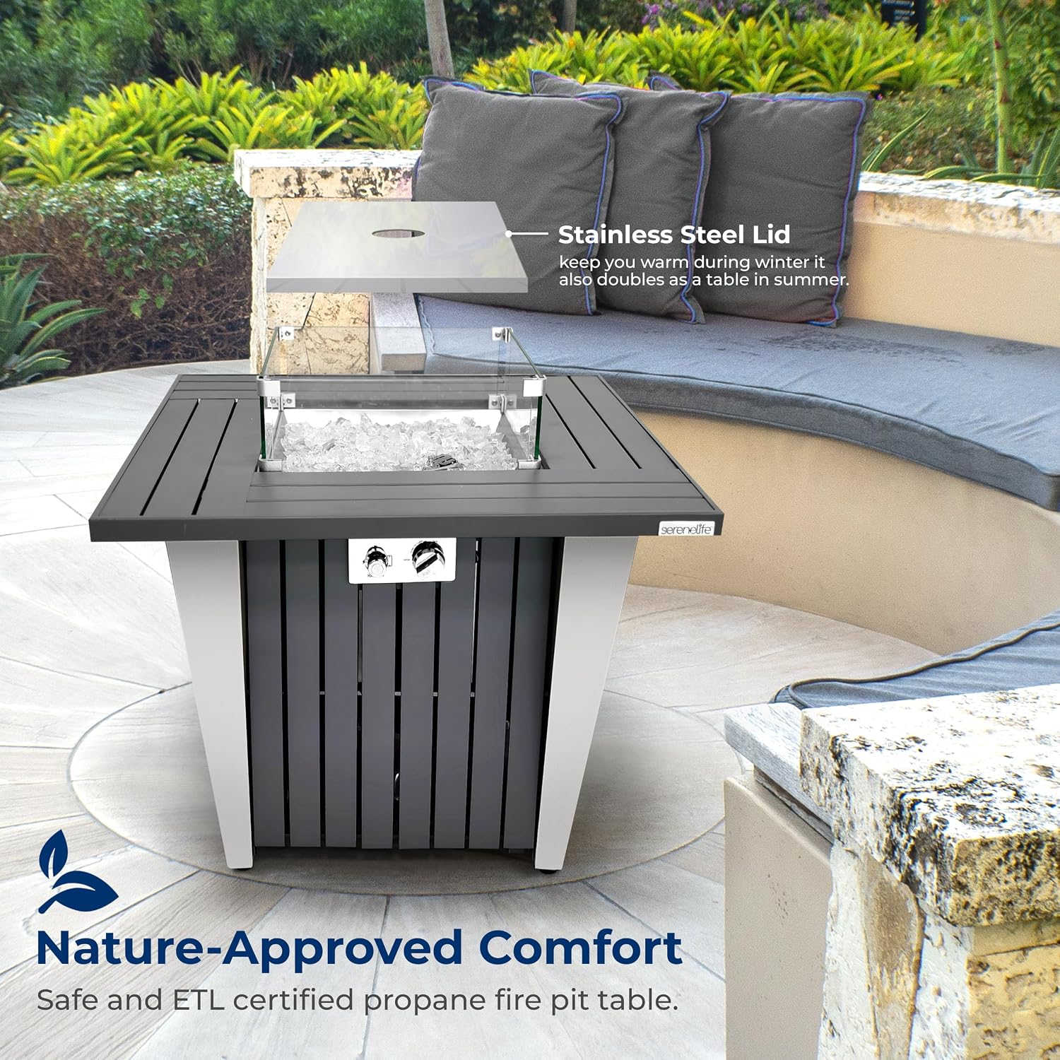 SereneLife Propane Fire Pit Table 50,000 BTU with Sturdy Metal Frame, Stainless Steel Fire Pan, Decorative Glass Rocks, Weather Cover, CSA Certified for Patio, Backyard, or Garden Use