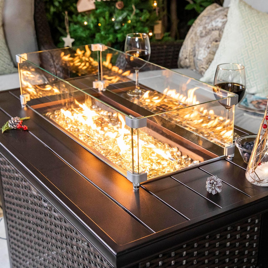 Nuu Garden Outdoor 43 Inch 50,000 BTU Propane Gas Fire Pit Table, Aluminum Tabletop and PE Rattan Weaved Steel Frame, Water-Proof Oxford Cover, Glass Fire Pit Wind Guard, Glass Beads, Lid, Dark Brown