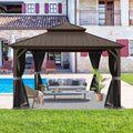 Domi Hardtop Gazebo 8x8FT, Aluminum Outdoor Gazebo with Galvanized Steel Double Roof Canopy, Curtains and Netting Included, Metal Gazebo Permanent Pavilion for Patio, Lawn, Garden, Brown