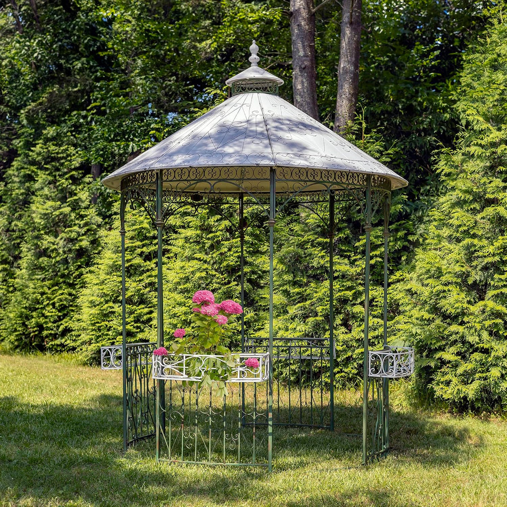 11.25ft. Tall Round Iron Gazebo with Four Side Walls & Flowers Baskets Seville (Antique Green)