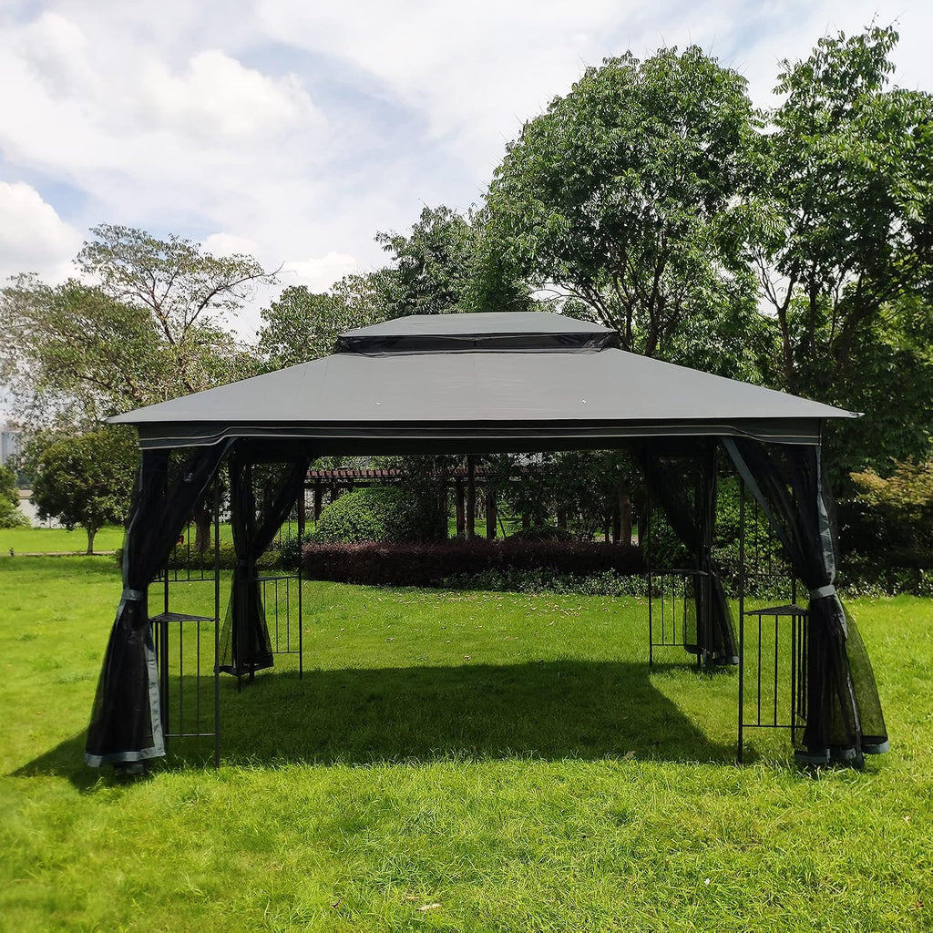 10x13 Outdoor Patio Gazebo, Heavy Duty Soft Top Gazebo with Shelves and Netting, Waterproof Canopy Gazebo with Galvanized Steel Frame and Double Roof, Metal Gazebo for Deck, Backyard, Porch (Gray)