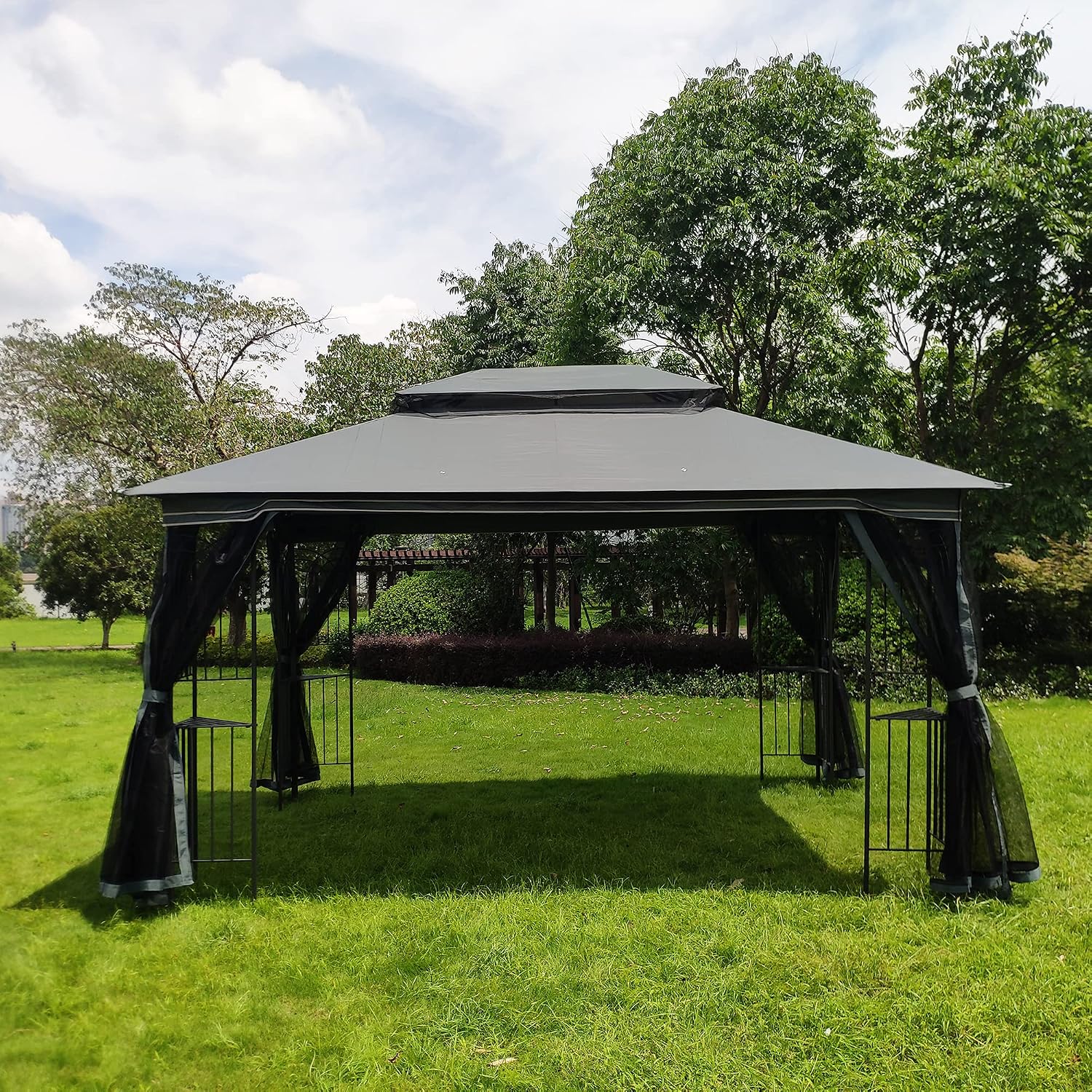 10x13 Outdoor Patio Gazebo, Heavy Duty Soft Top Gazebo with Shelves and Netting, Waterproof Canopy Gazebo with Galvanized Steel Frame and Double Roof, Metal Gazebo for Deck, Backyard, Porch (Gray)
