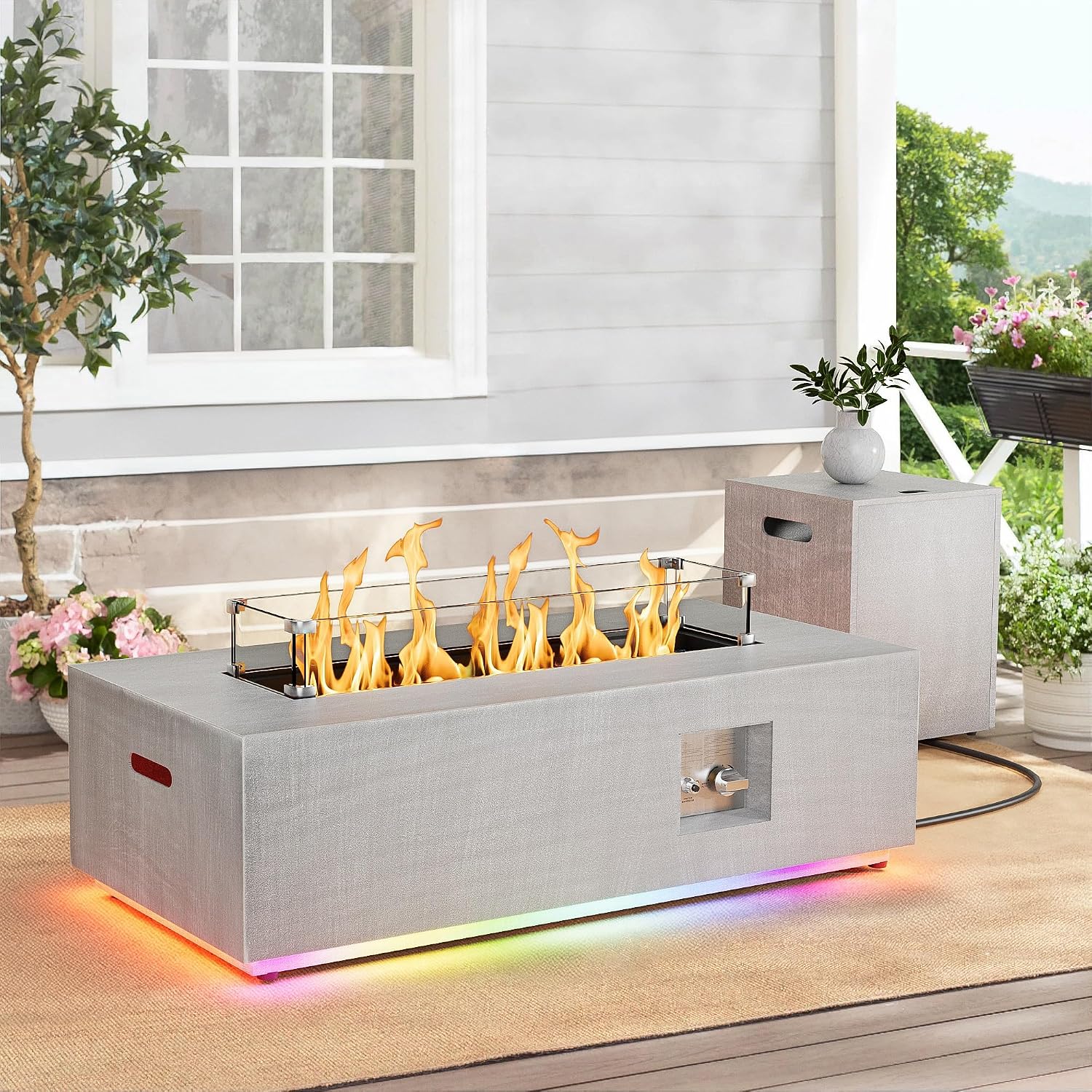 Dineli 2-Piece Outdoor Propane Fire Pit Table Set w Tank Table 42'' Rectangular Firepit Gas Fire Pits for Outside Patio Table Fire Pit w LED, 50,000 BTU (Light Gray, with RGB Light)
