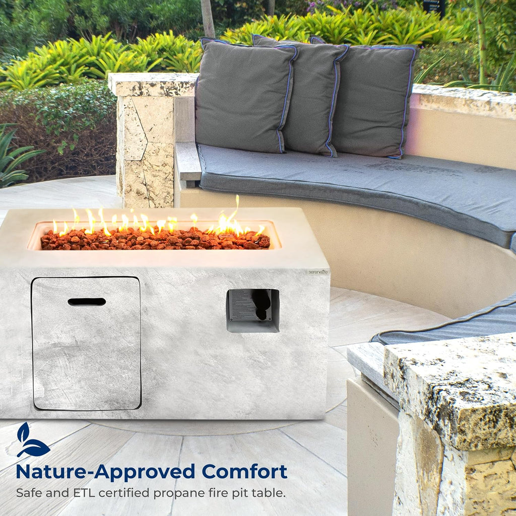 SereneLife Fire Pit Table 50,000 BTU Propane Gas Fire Pit with Adjustable Flame, Stainless Steel Burner, Weather-Resistant Build, Easy Propane Tank Access, and Elegant Lava Rocks for Patio or Backyard