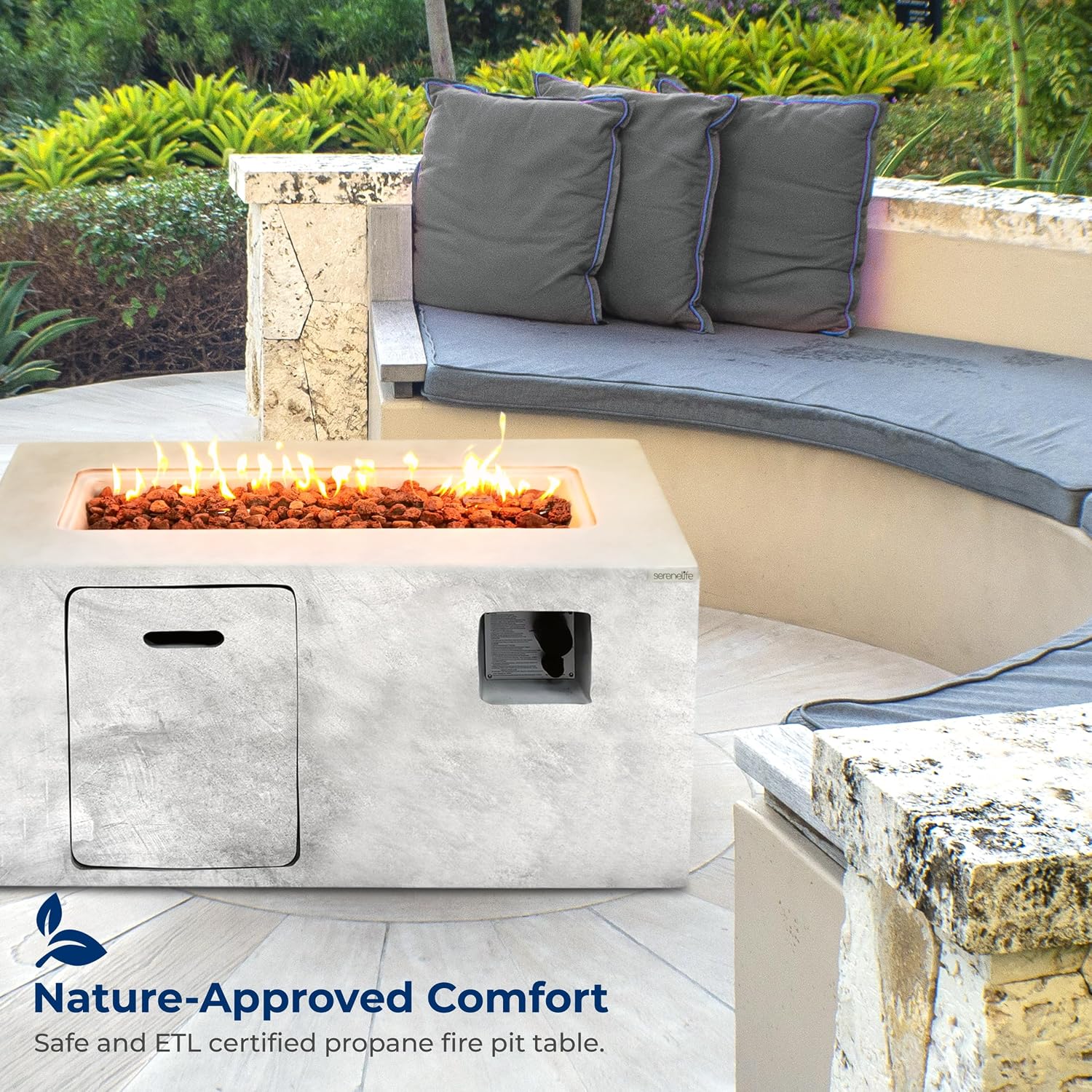 SereneLife Fire Pit Table 50,000 BTU Propane Gas Fire Pit with Adjustable Flame, Stainless Steel Burner, Weather-Resistant Build, Easy Propane Tank Access, and Elegant Lava Rocks for Patio or Backyard