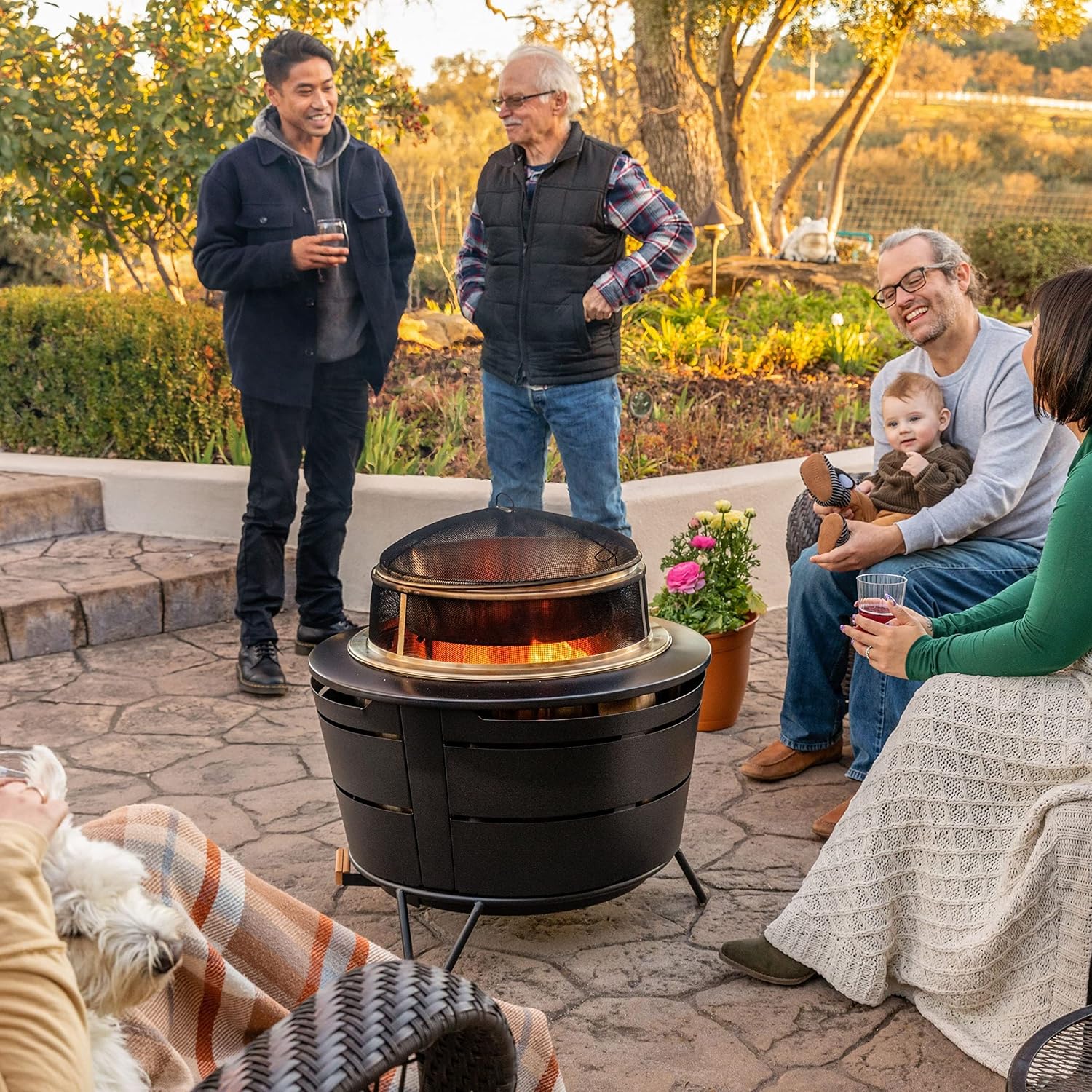 TIKI Reunion Fire Pit Heat Deflector & Screen with Poker – Outdoor Fire Pit Accessories for More Warmth & Safety – Spark Protector & Ember Guard for Even Heat Distribution – Durable Metal Design