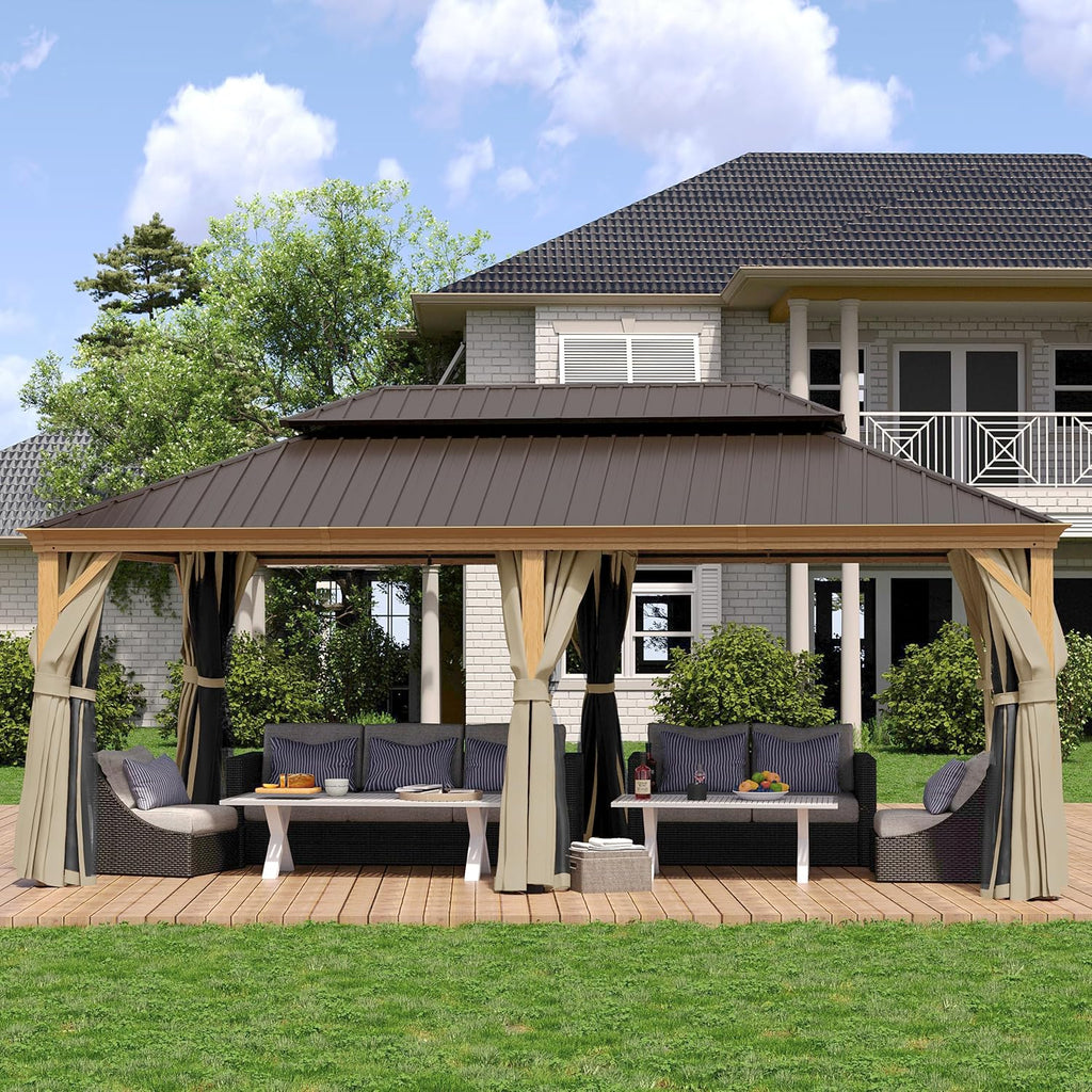 HAPPATIO 12' x 20' Hardtop Gazebo, Outdoor Wood Grain Aluminum with Galvanized Steel, Patio Double Roof Permanent Metal Gazebo Canopy with Netting and Curtains for Backyard, Patio, Deck (Brown)